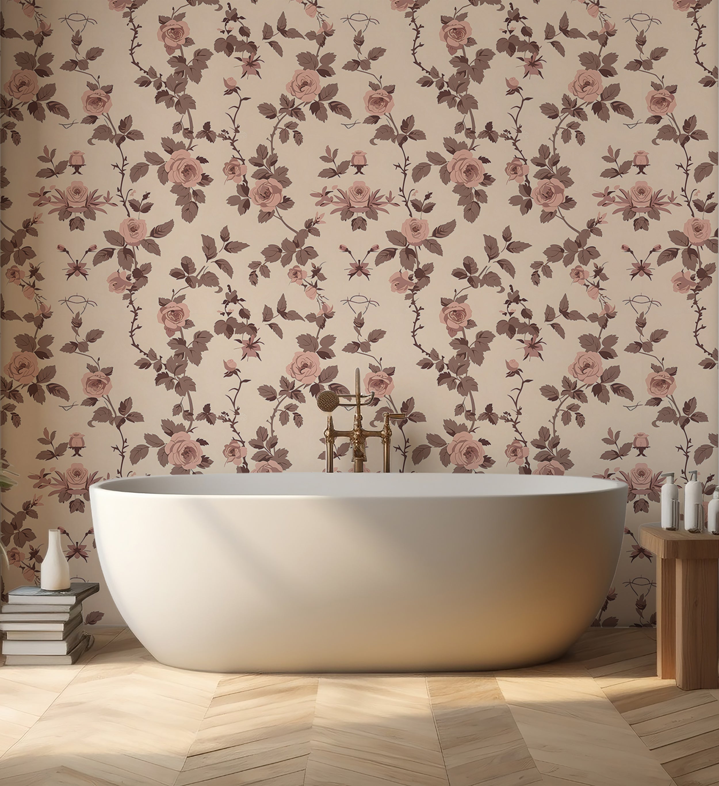 Beige and brown roses floral wallpaper for cozy interiors Peel and stick botanical wallpaper with watercolor rose branches