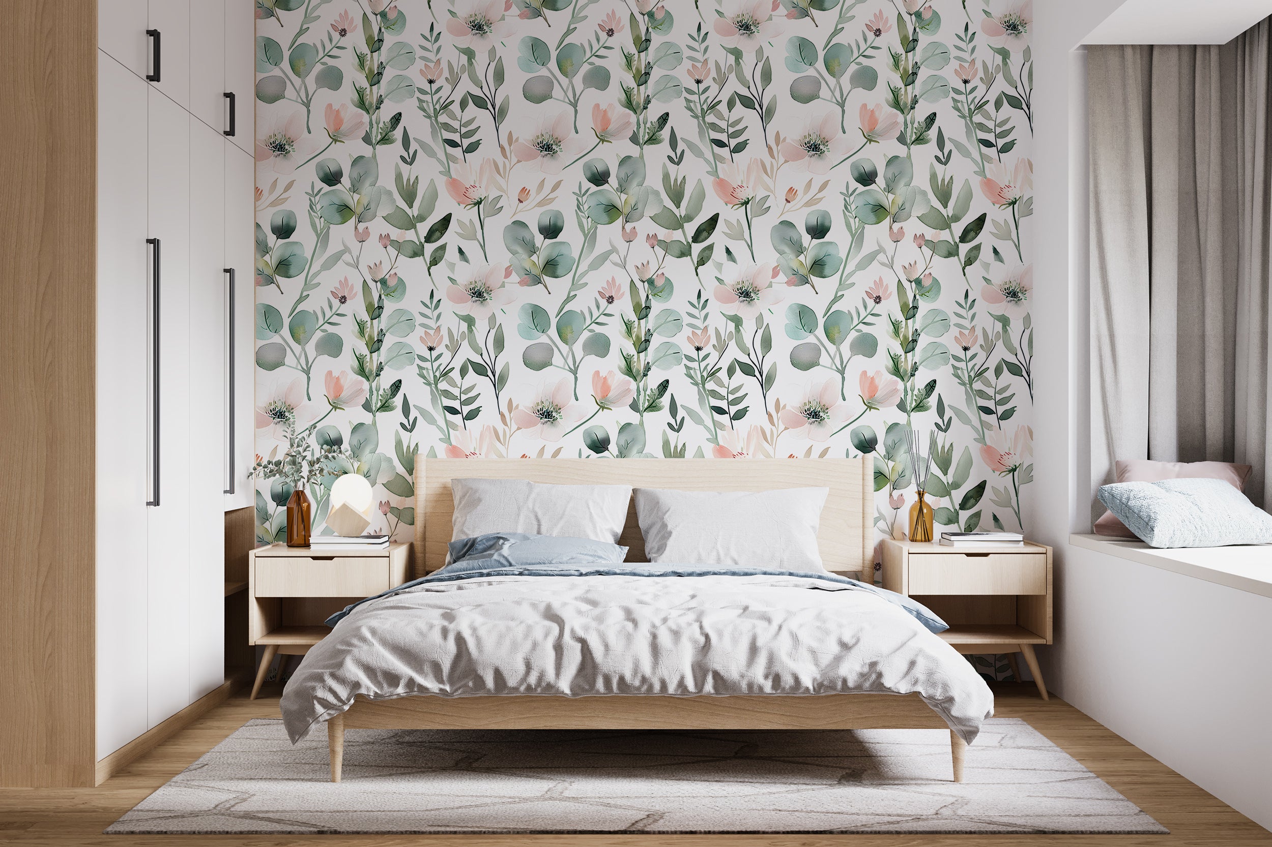 Pink flowers and green leaves removable decal