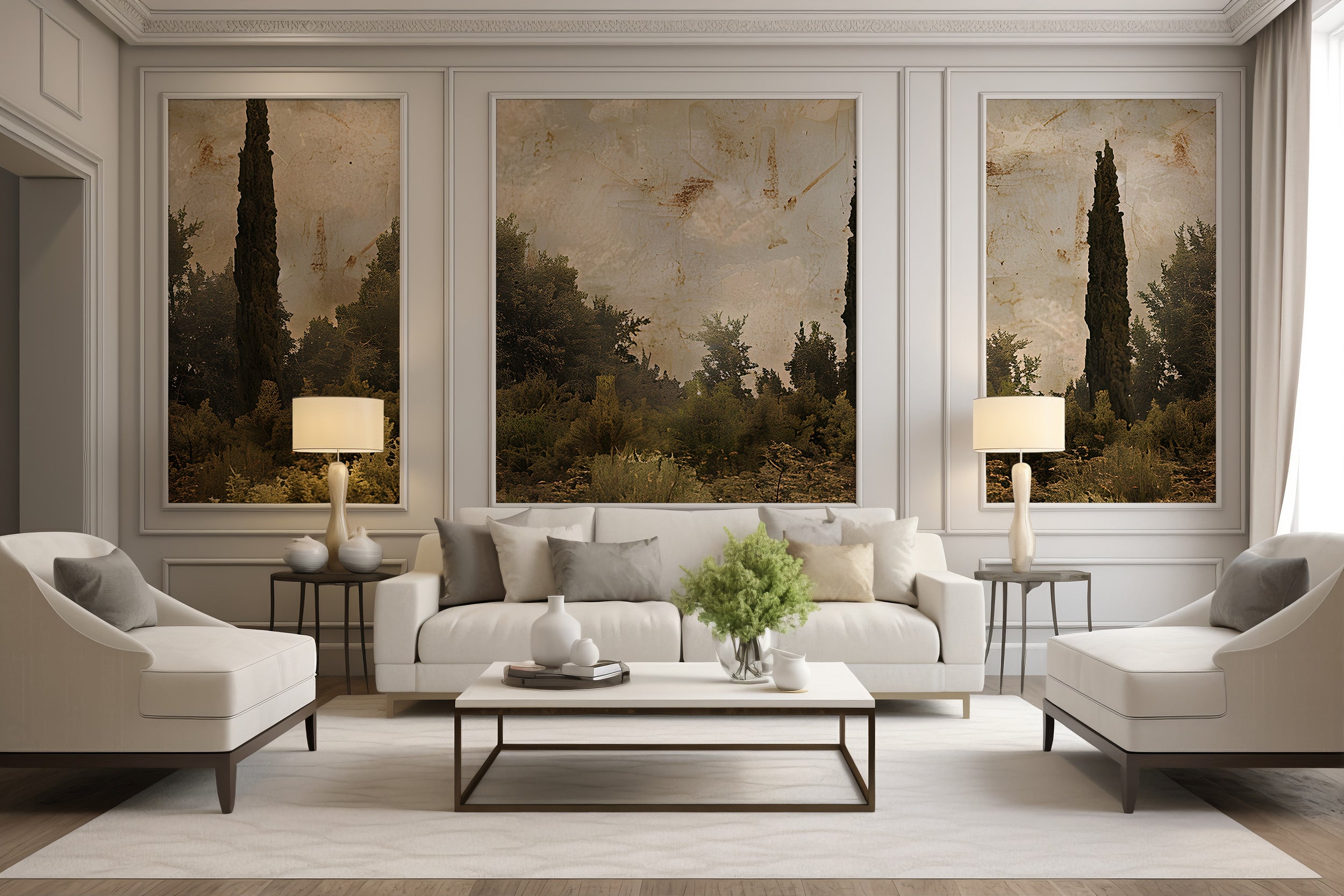 Antique wall decor with trees and bushes