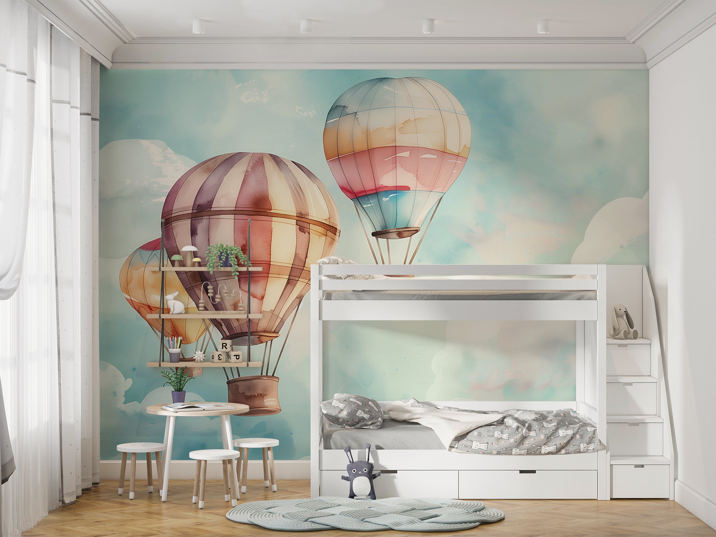 Peel and stick hot air balloons decor Soft clouds kids wallpaper mural