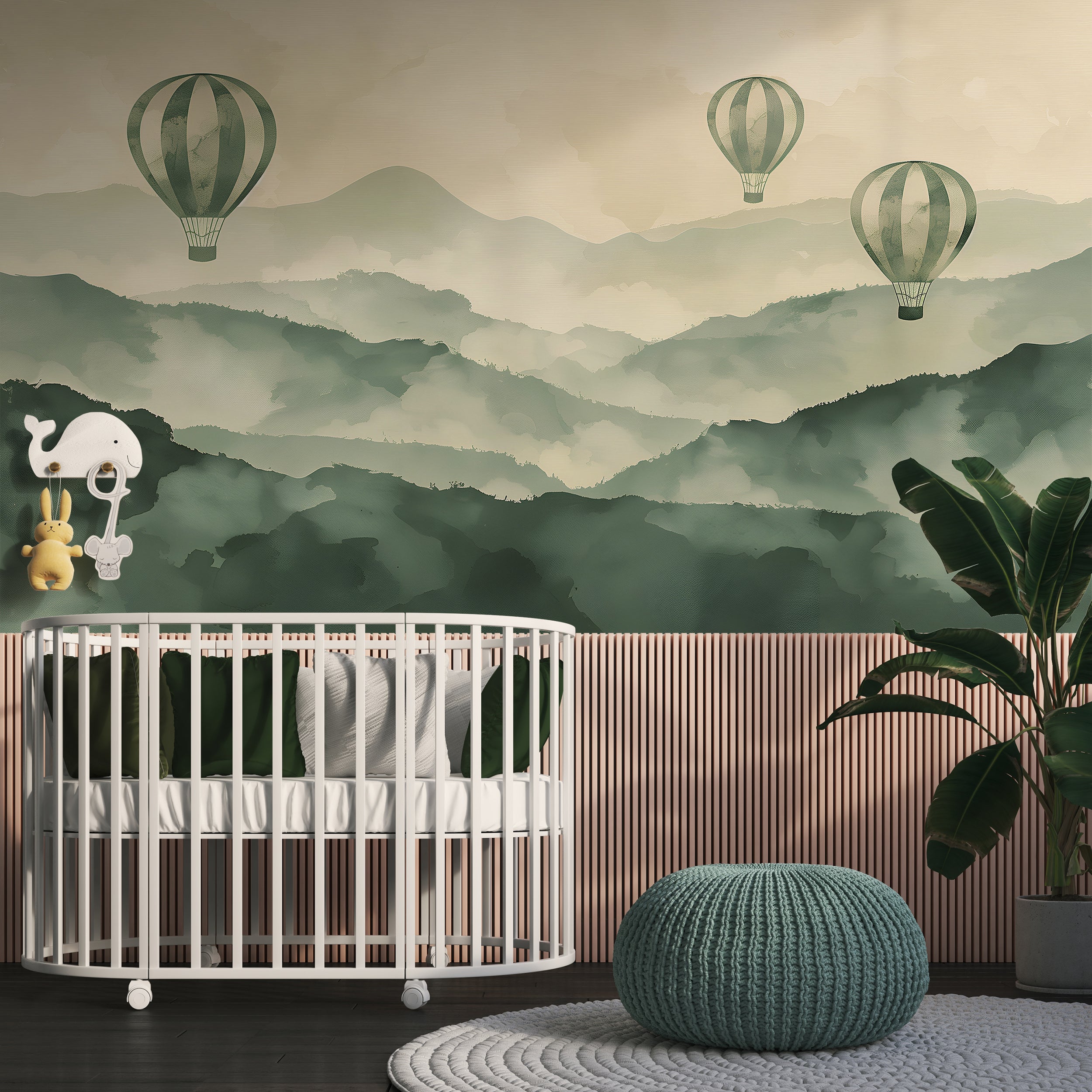 Removable hot air balloons wall art Serene green mountains wallpaper