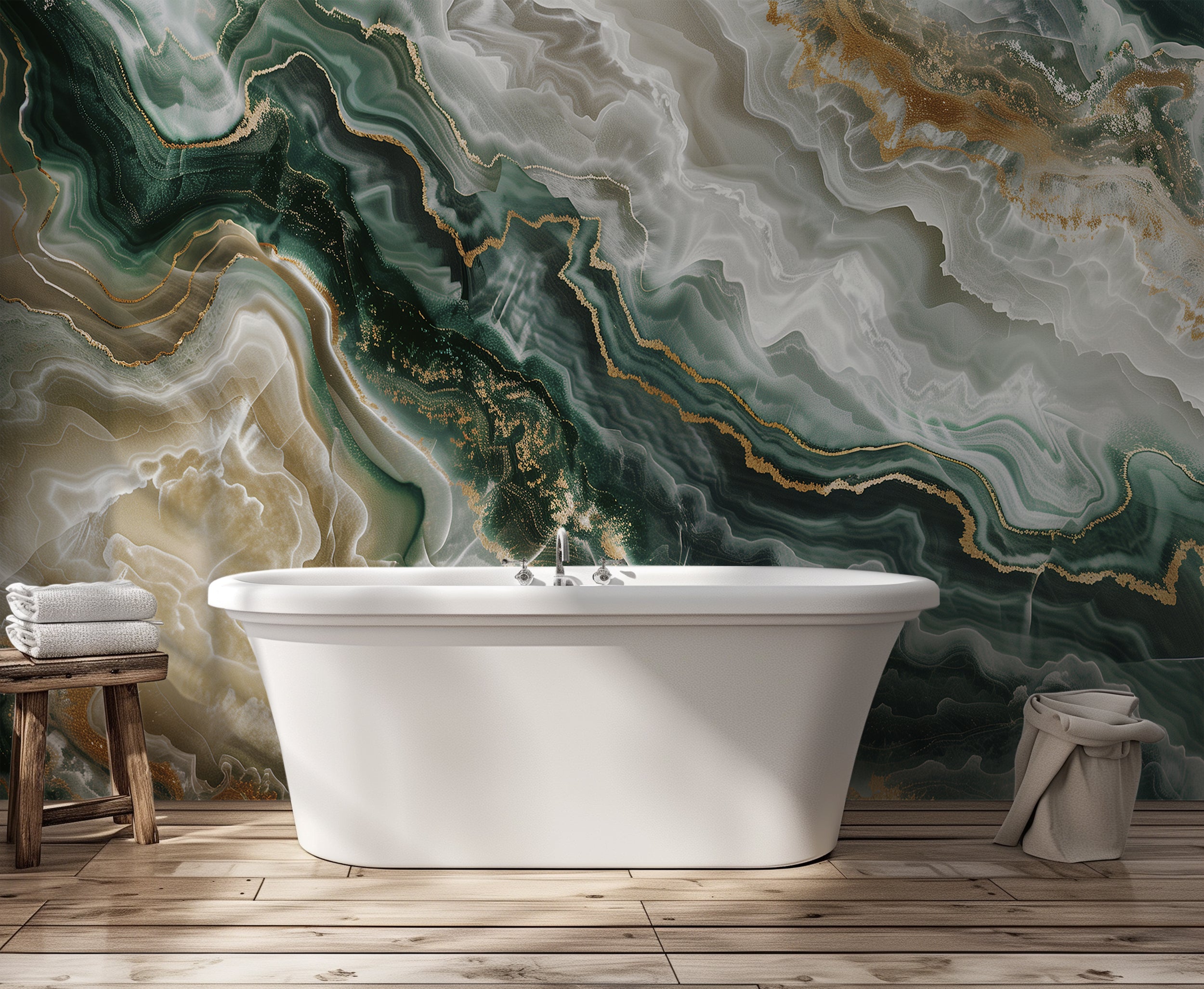 Removable green and beige stone mural