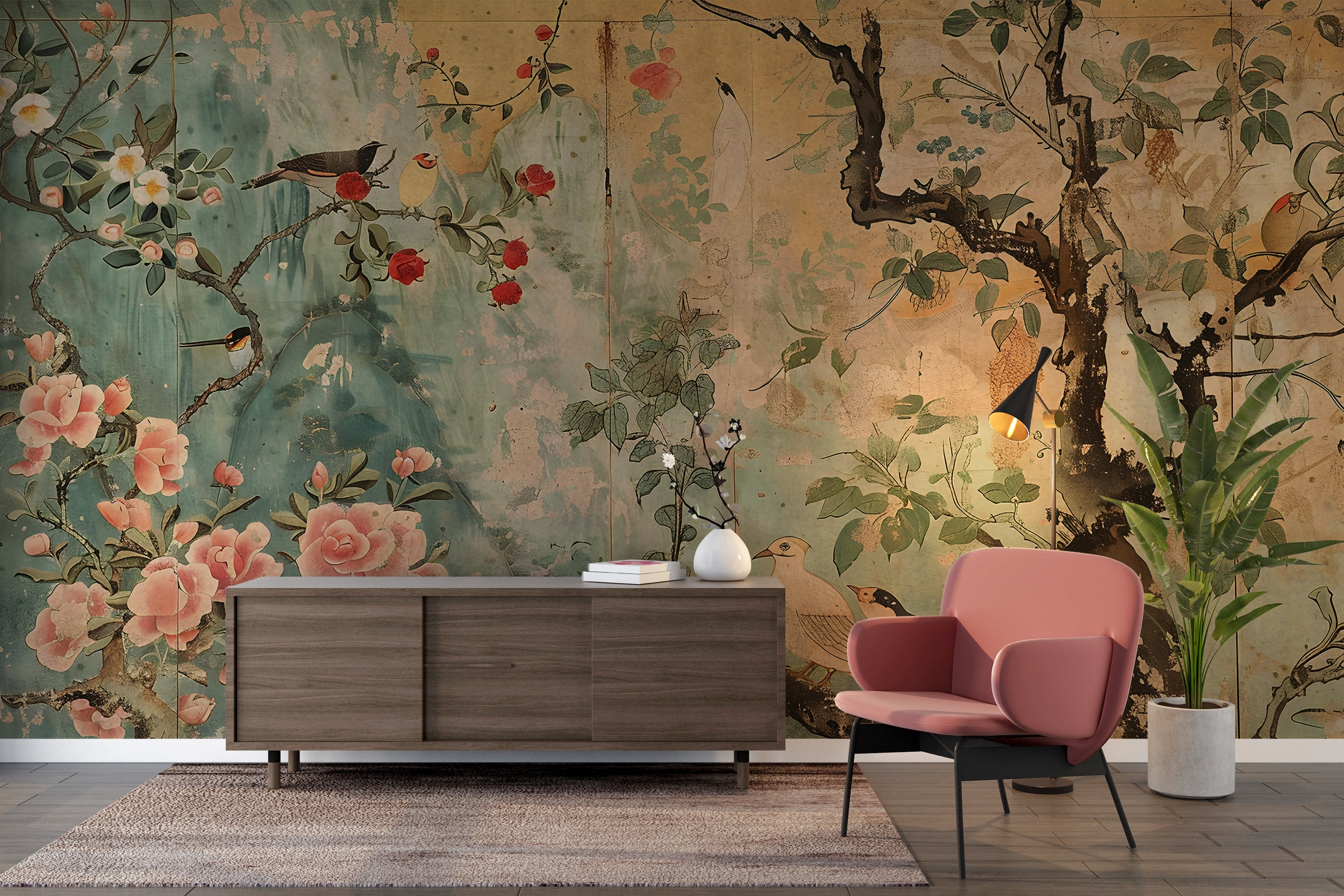 Removable Chinoiserie wallpaper Rustic birds and flowers mural