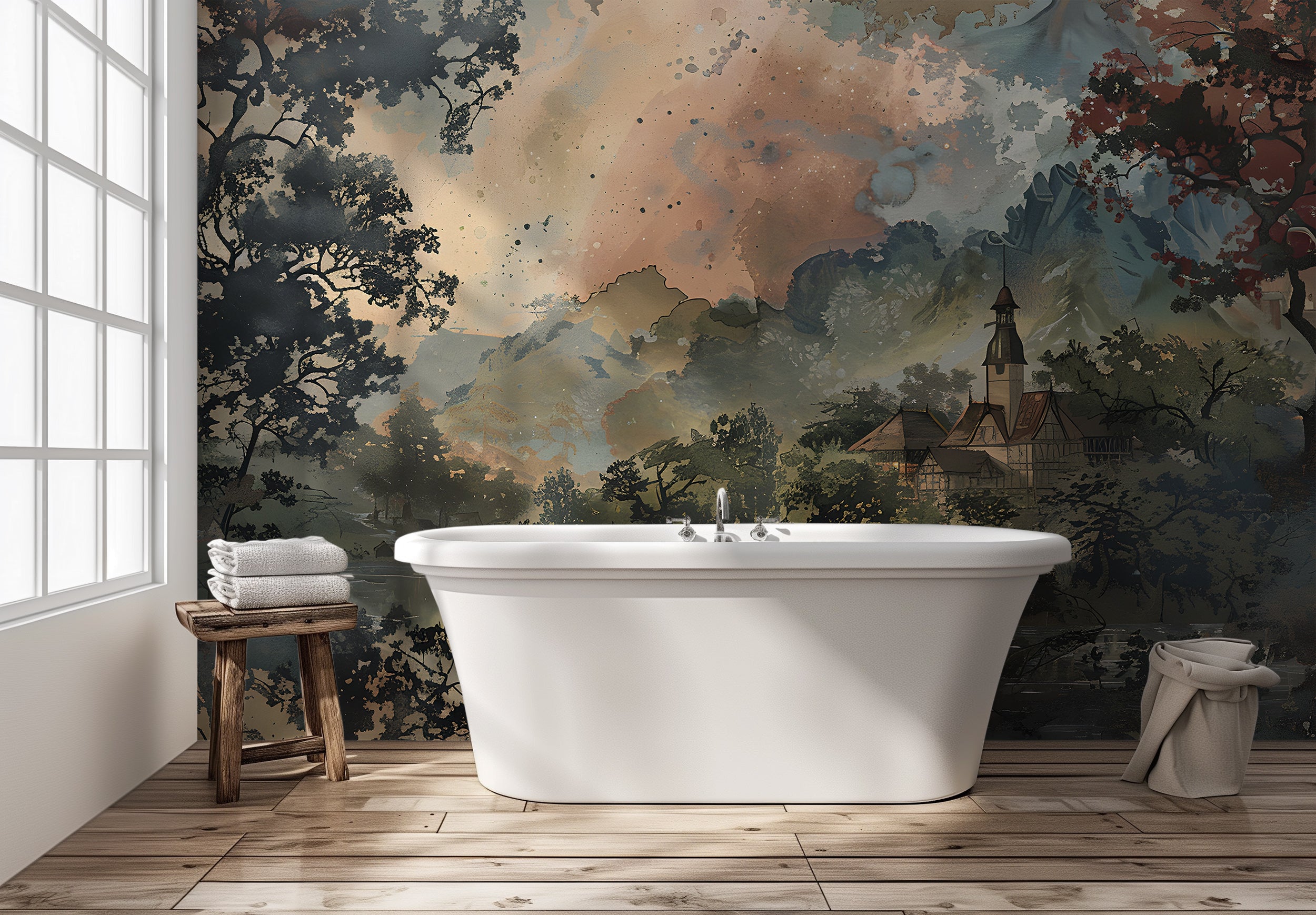 Peel and stick scenic decor Old style landscape painting wallpaper
