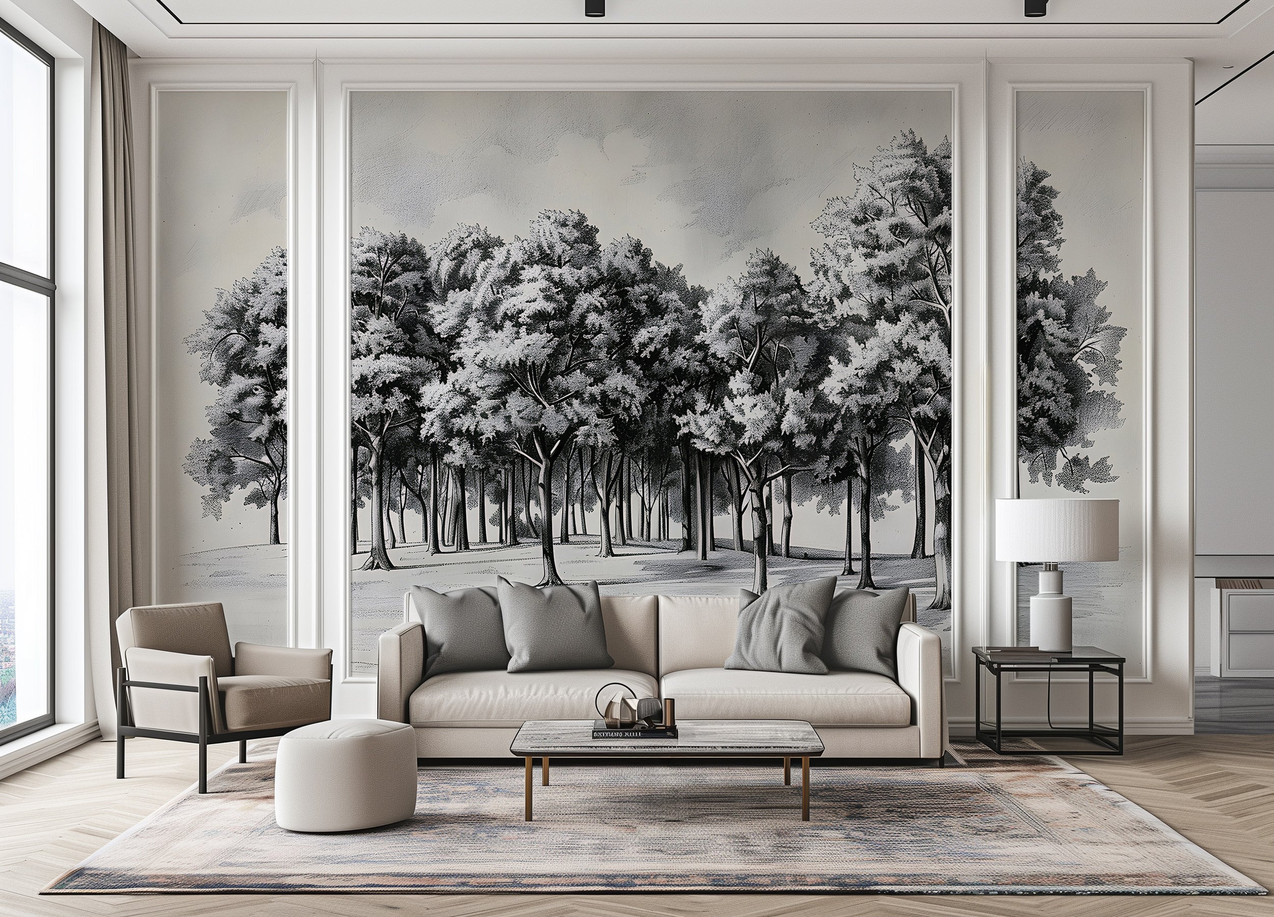 Classic pencil drawing wall art Grey monochrome landscape wallpaper