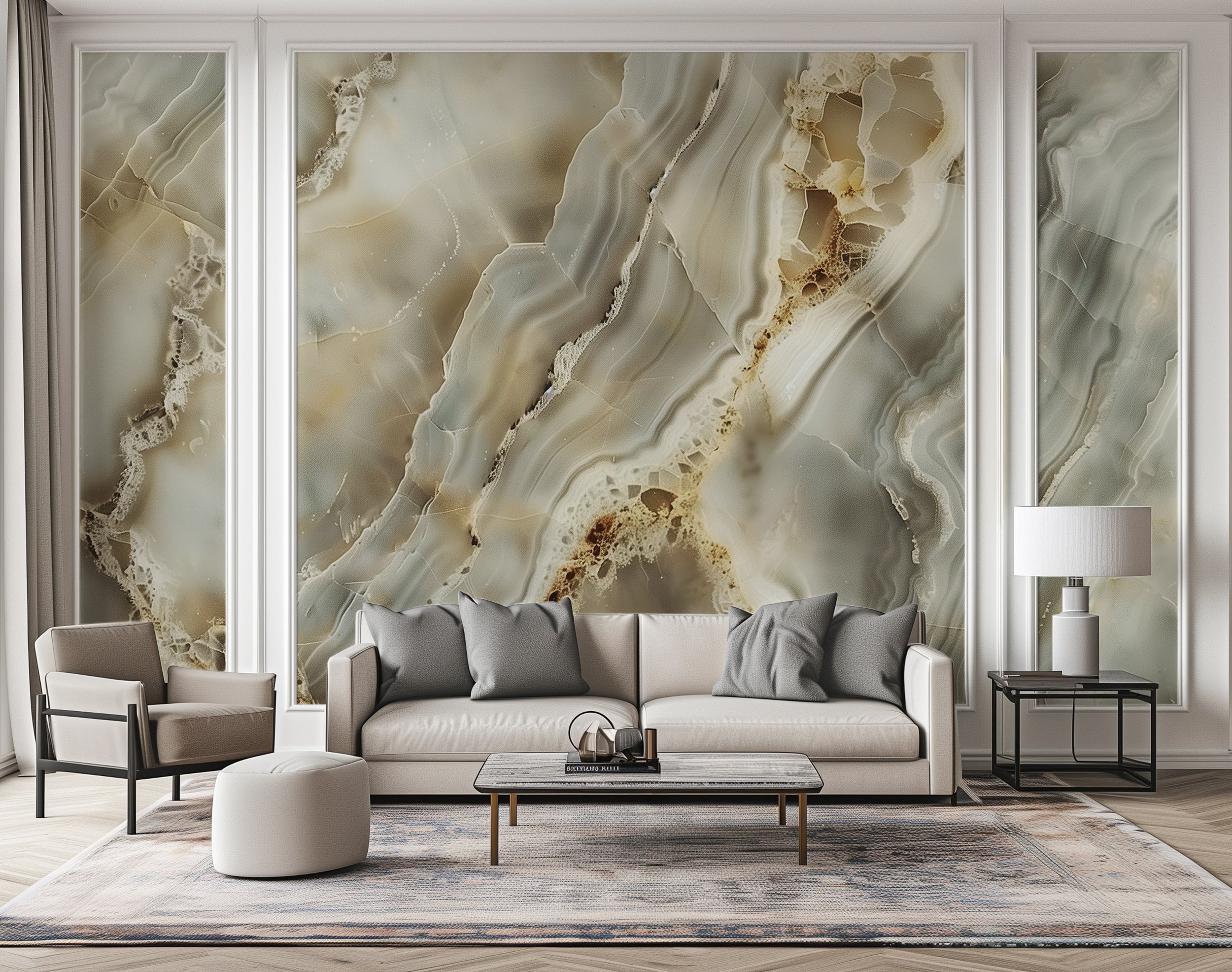 Gold accents marble wallpaper Soft grey marble wall decor