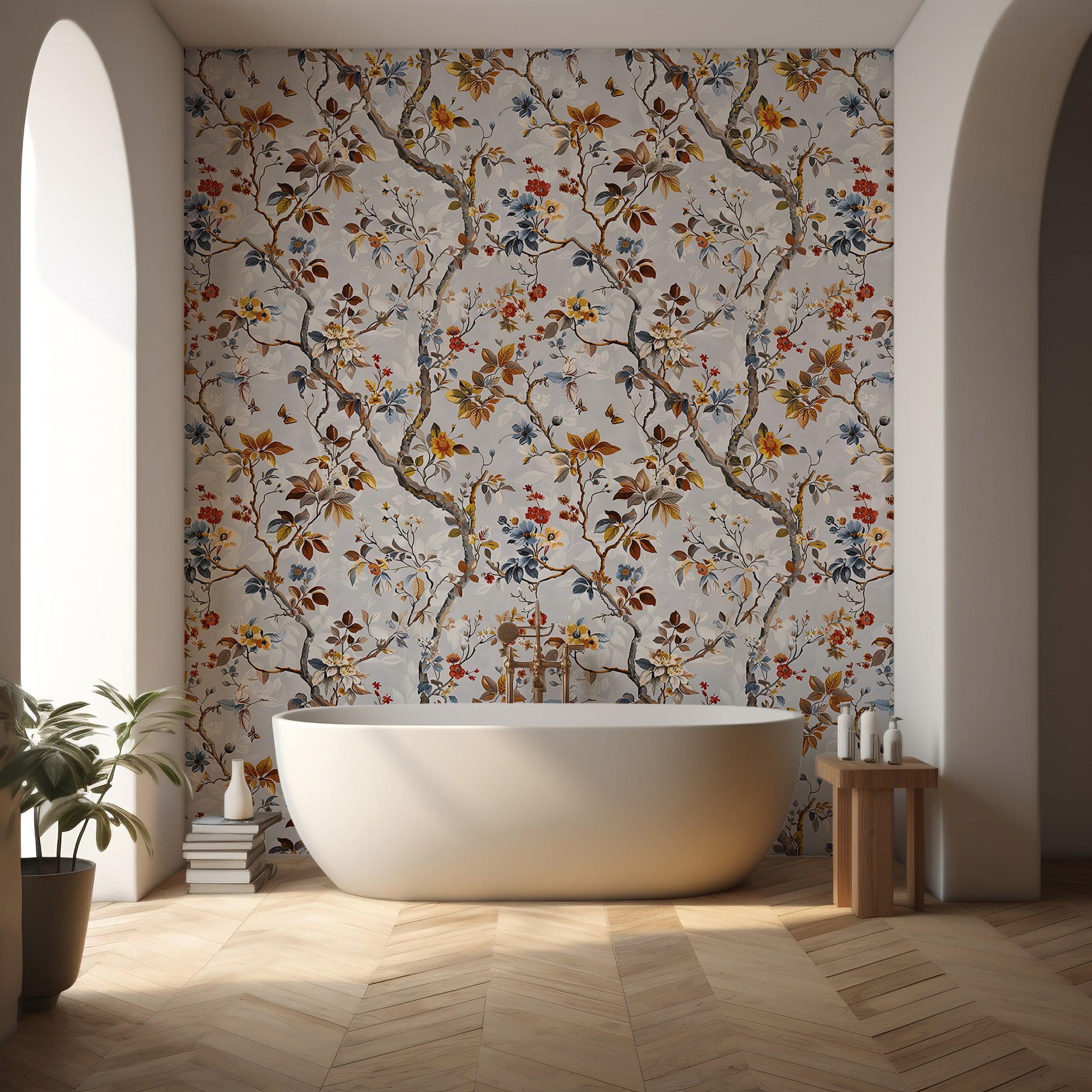 Botanical peel and stick wallpaper Grey tree leaves floral wall art