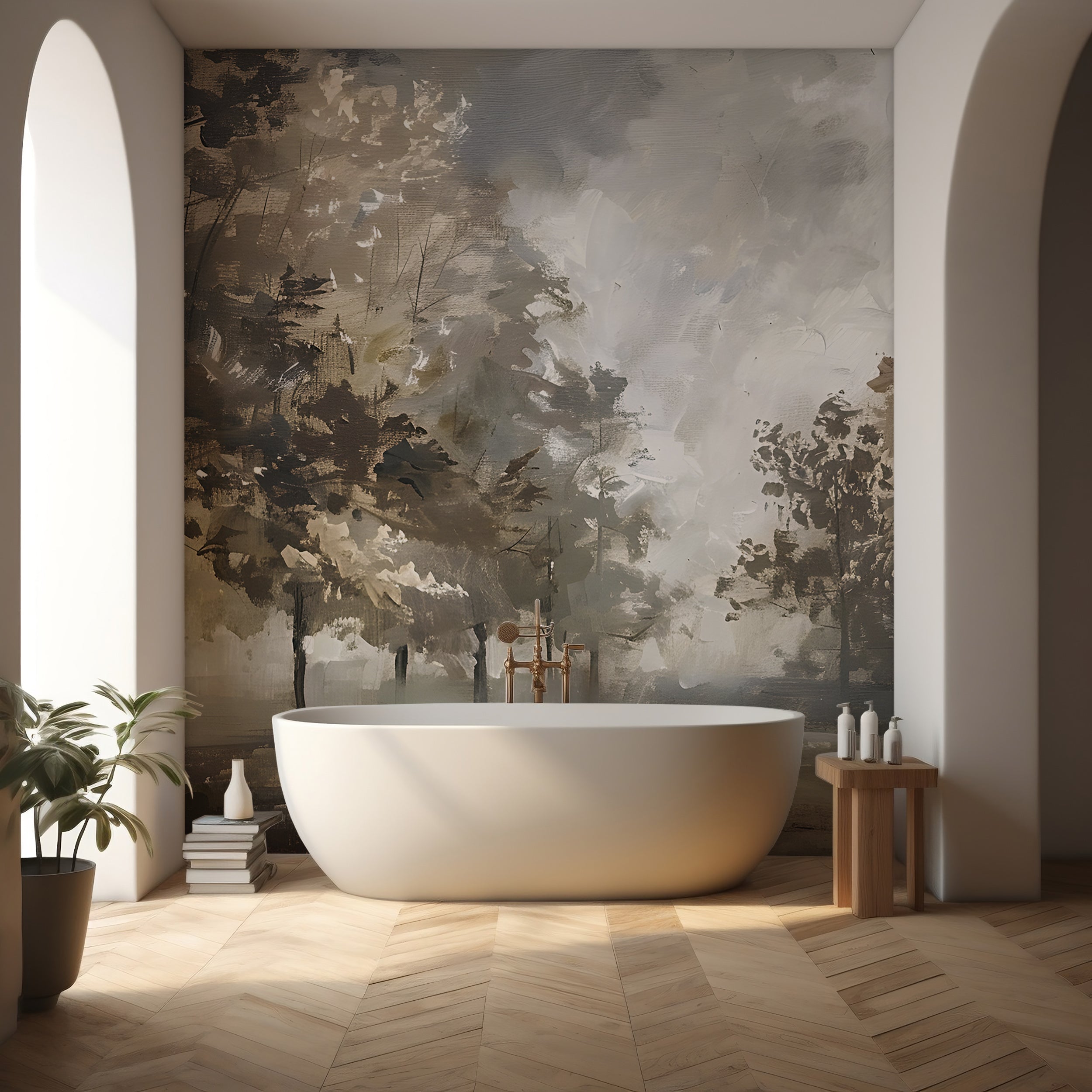 Oil painting style forest wallpaper Misty forest peel and stick mural