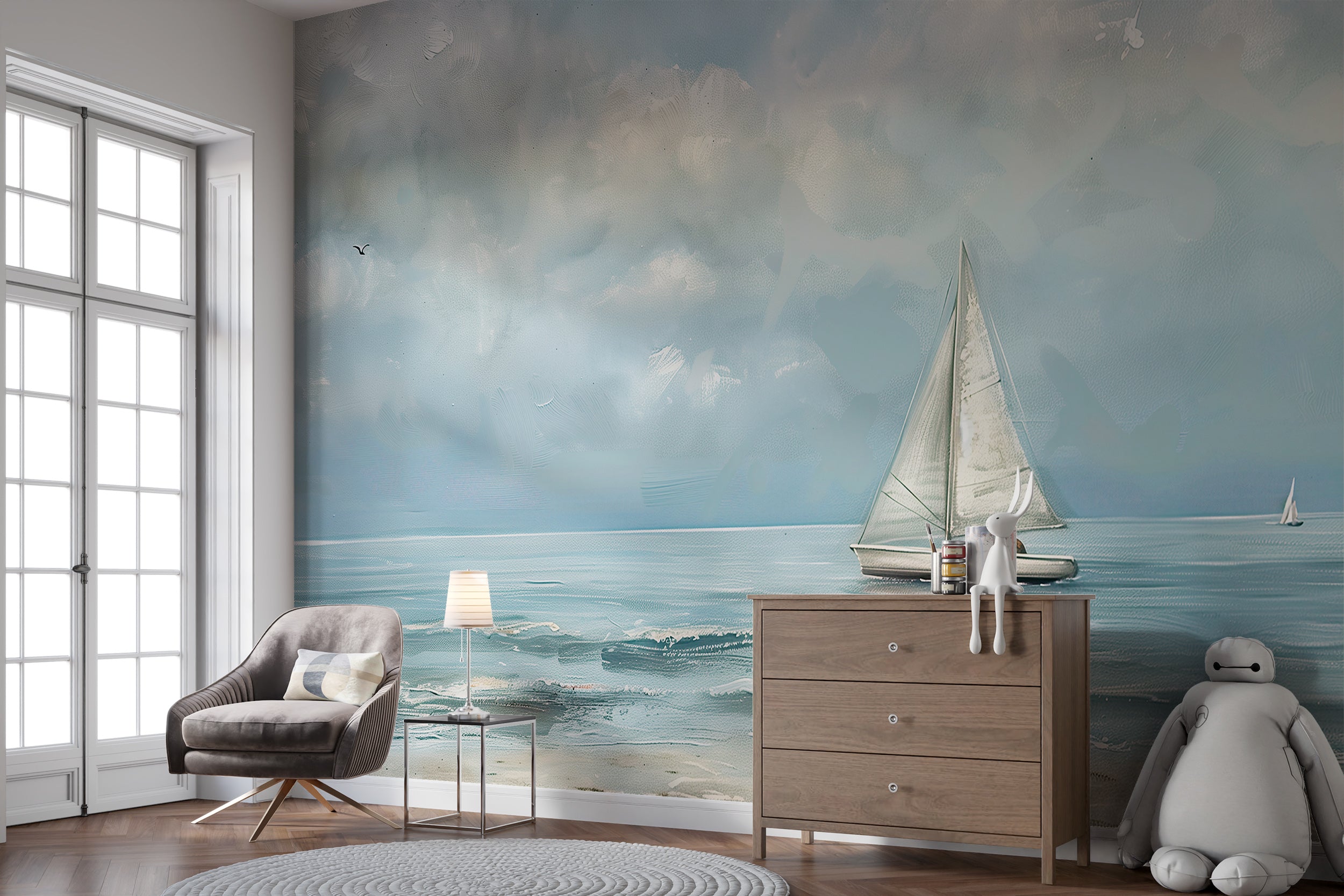 Removable sailboat at sea wallpaper Soft blue ocean wall decor with sailboat