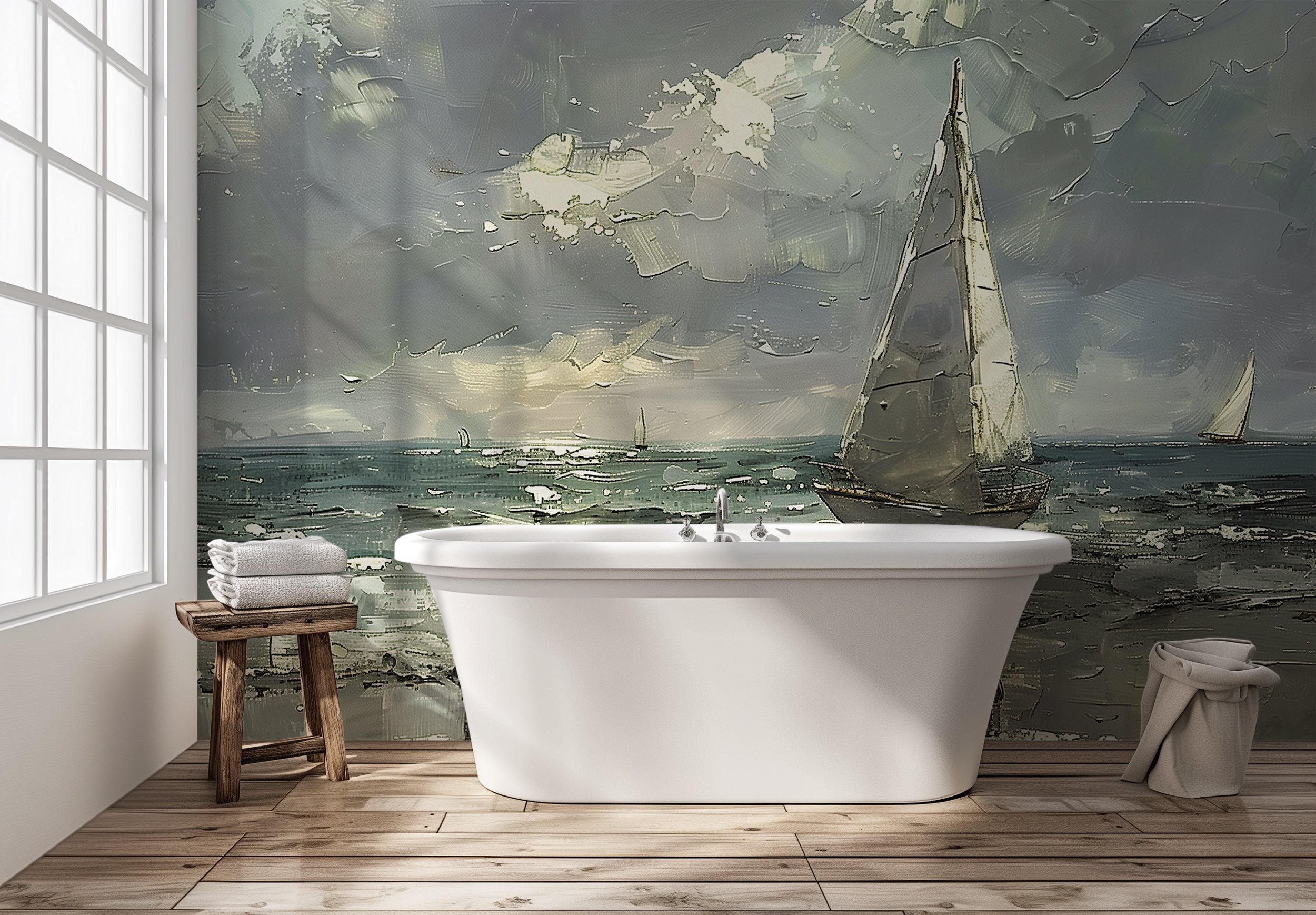 Removable sailboat oil painting wall decor White boats on dark sea wallpaper