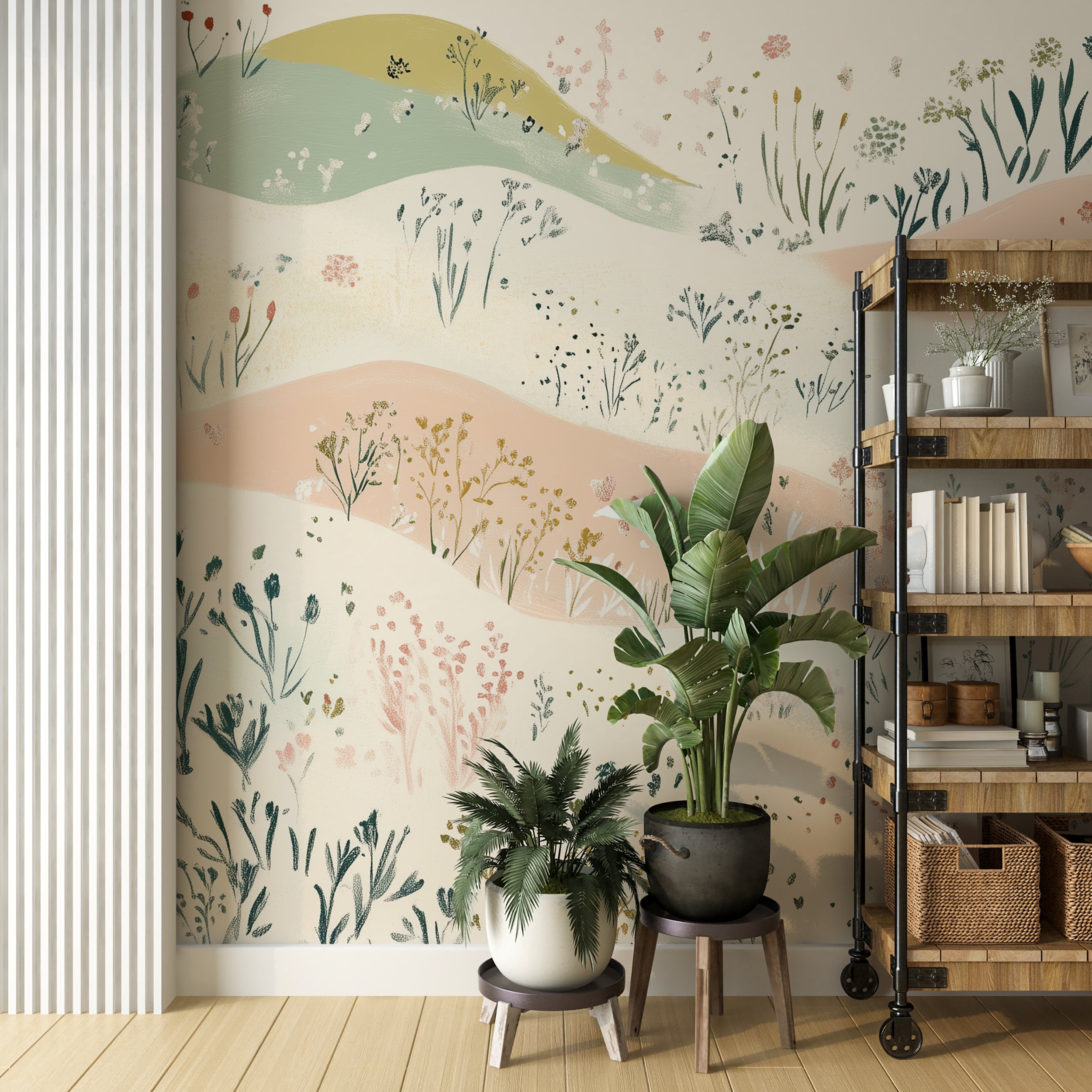 Non-woven flower mural with soft pastel tones.
Pastel abstract flower field mural for nature-inspired spaces.