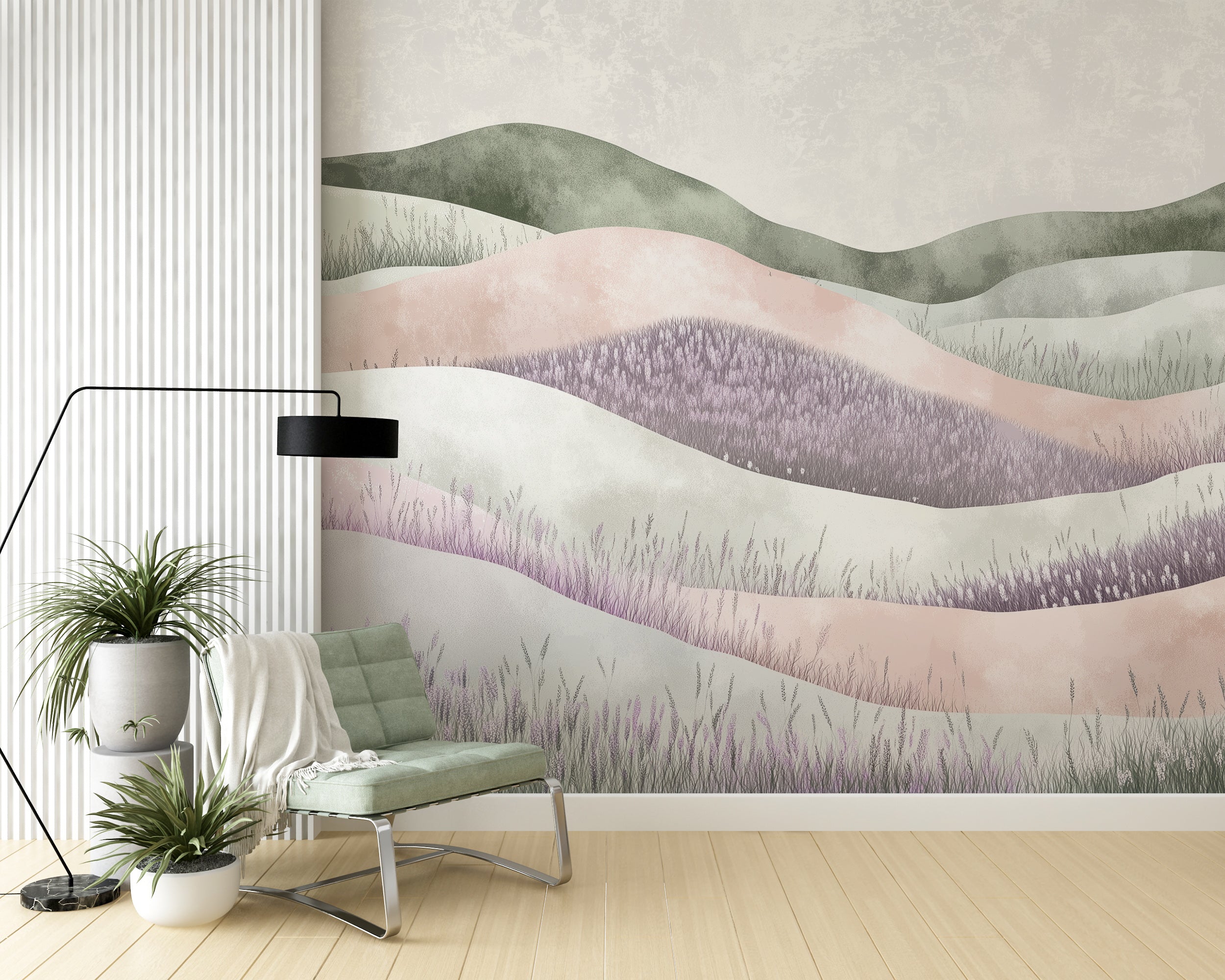 Pastel lavender field mural with soft watercolor flowers.
Nursery wall decor with lavender meadow in pastel tones.