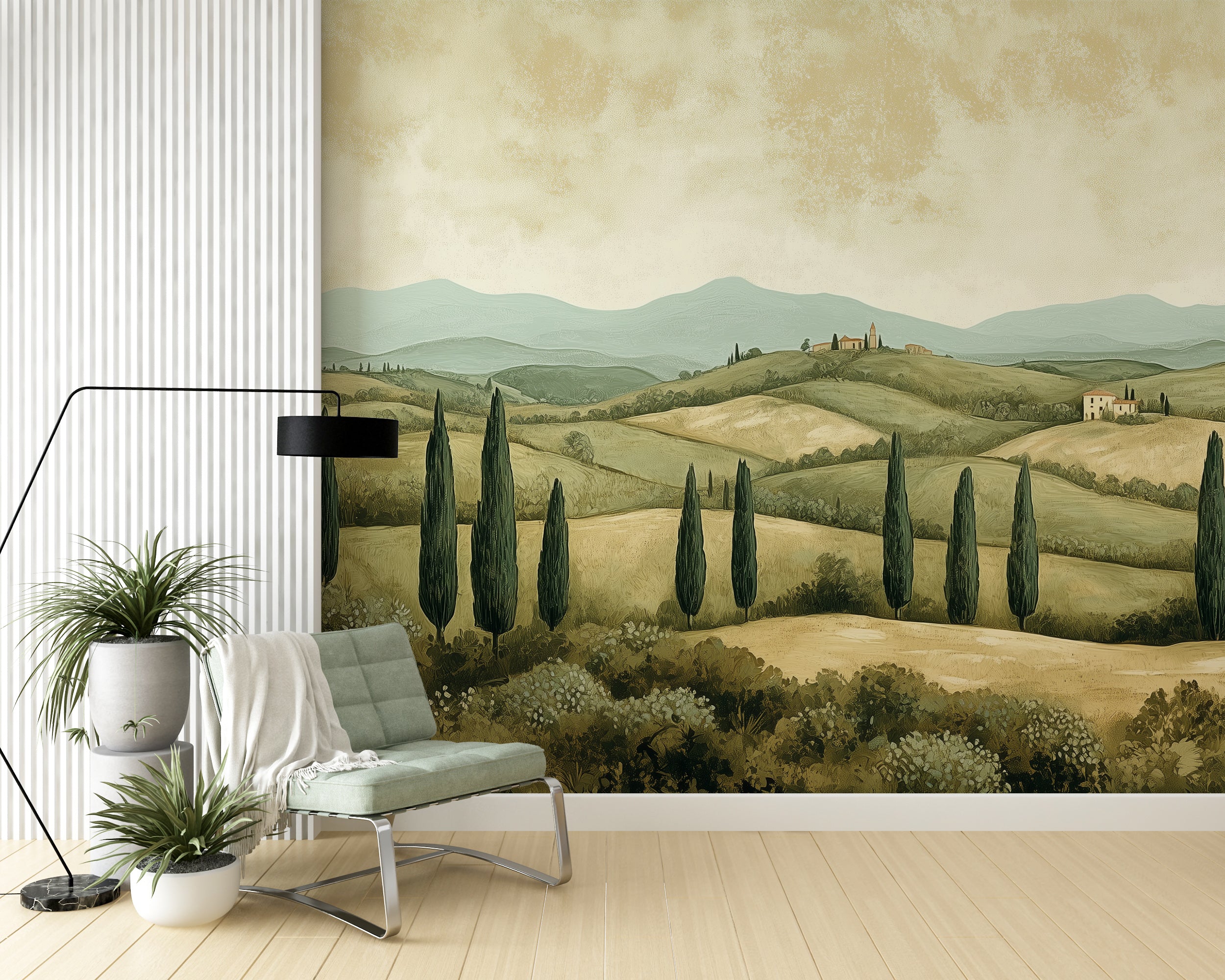 Green field and cypress tree wallpaper in vintage style.
Scenic Italian landscape mural with watercolor details.