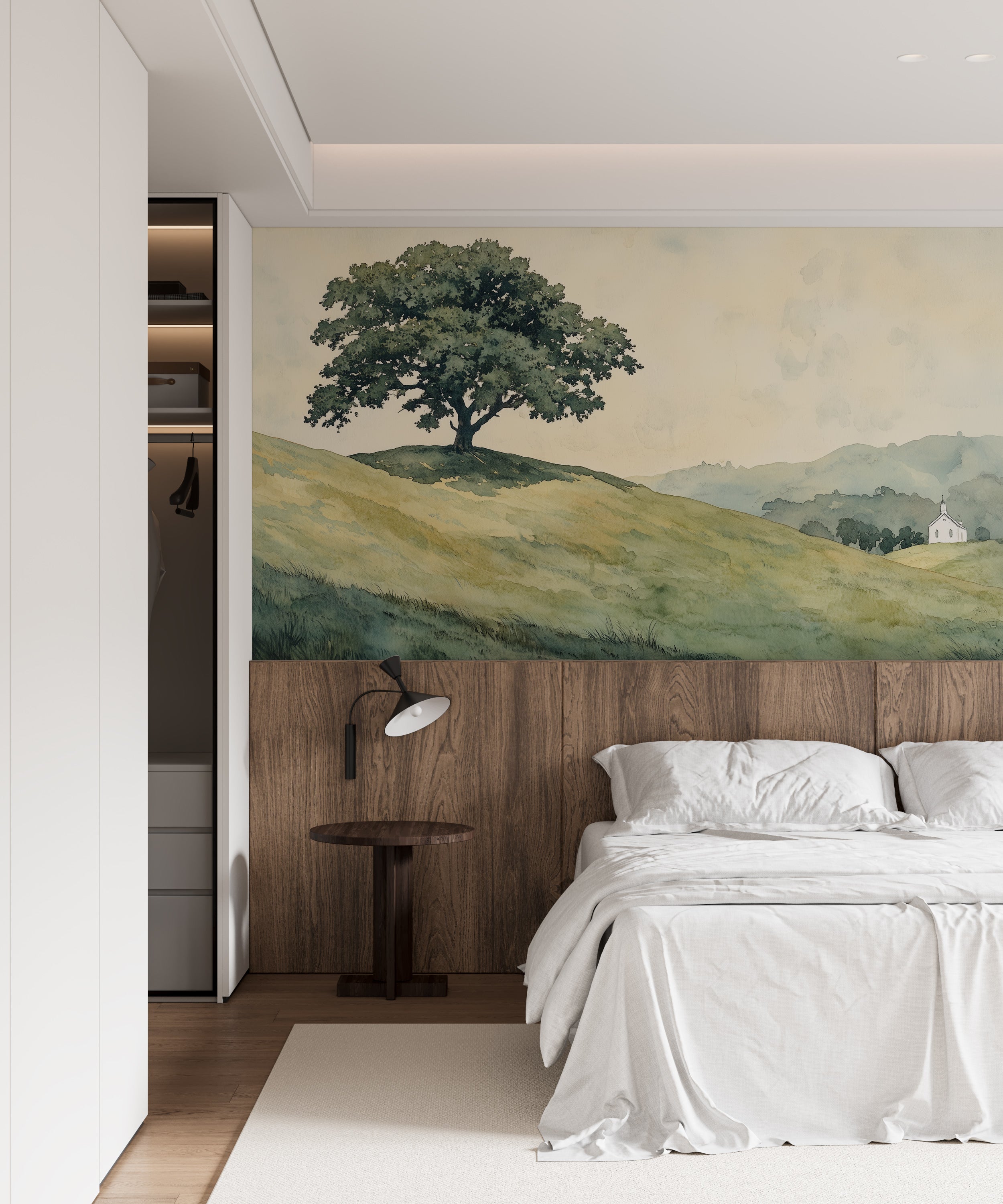 Removable watercolor lonely tree mural for home decor.
Nature-inspired lonely tree wall mural with green grass.