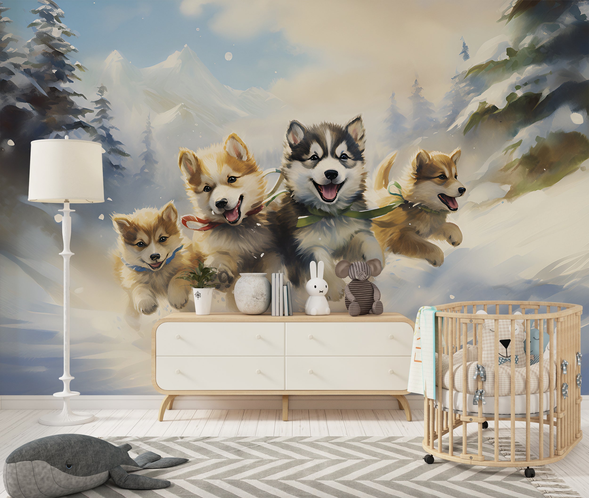 Snowy Forest Cute Dogs Wallpaper