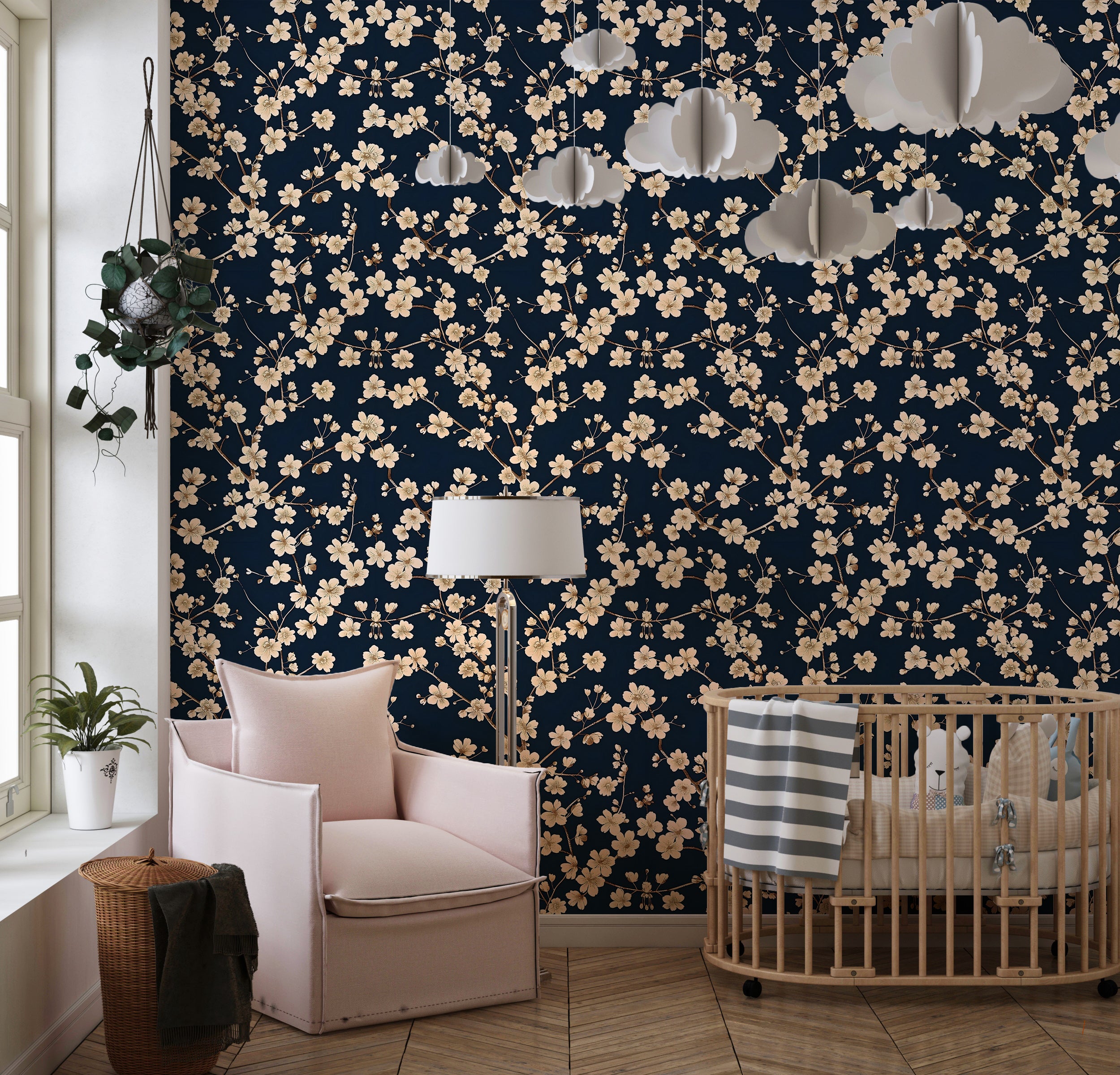 Peel and Stick Dark Blue Flower Wallpaper