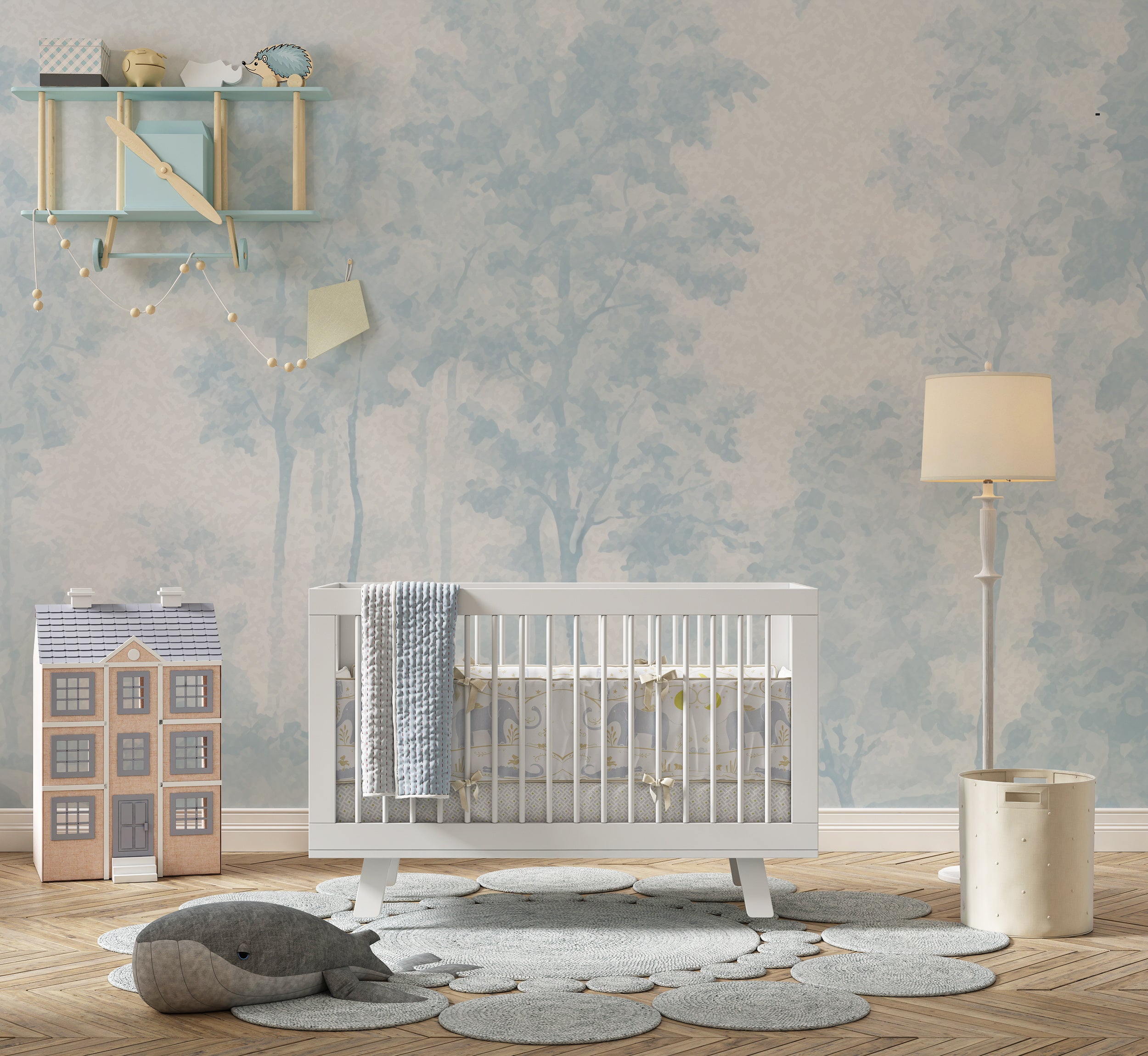 Removable wallpaper with forest pattern
Minimal blue and white wall decor
