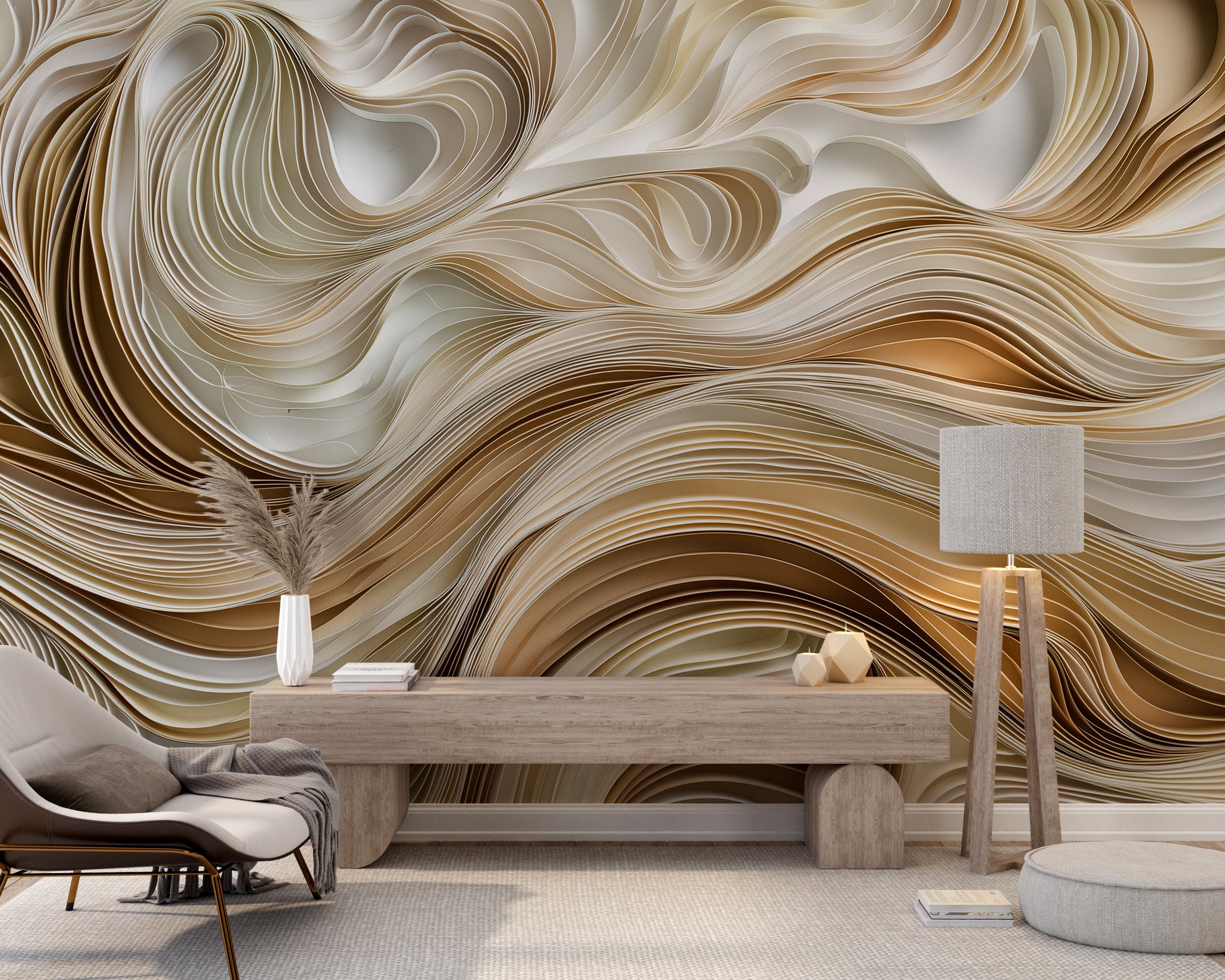 Curved geometric lines wall mural
Neutral abstract waves wallpaper