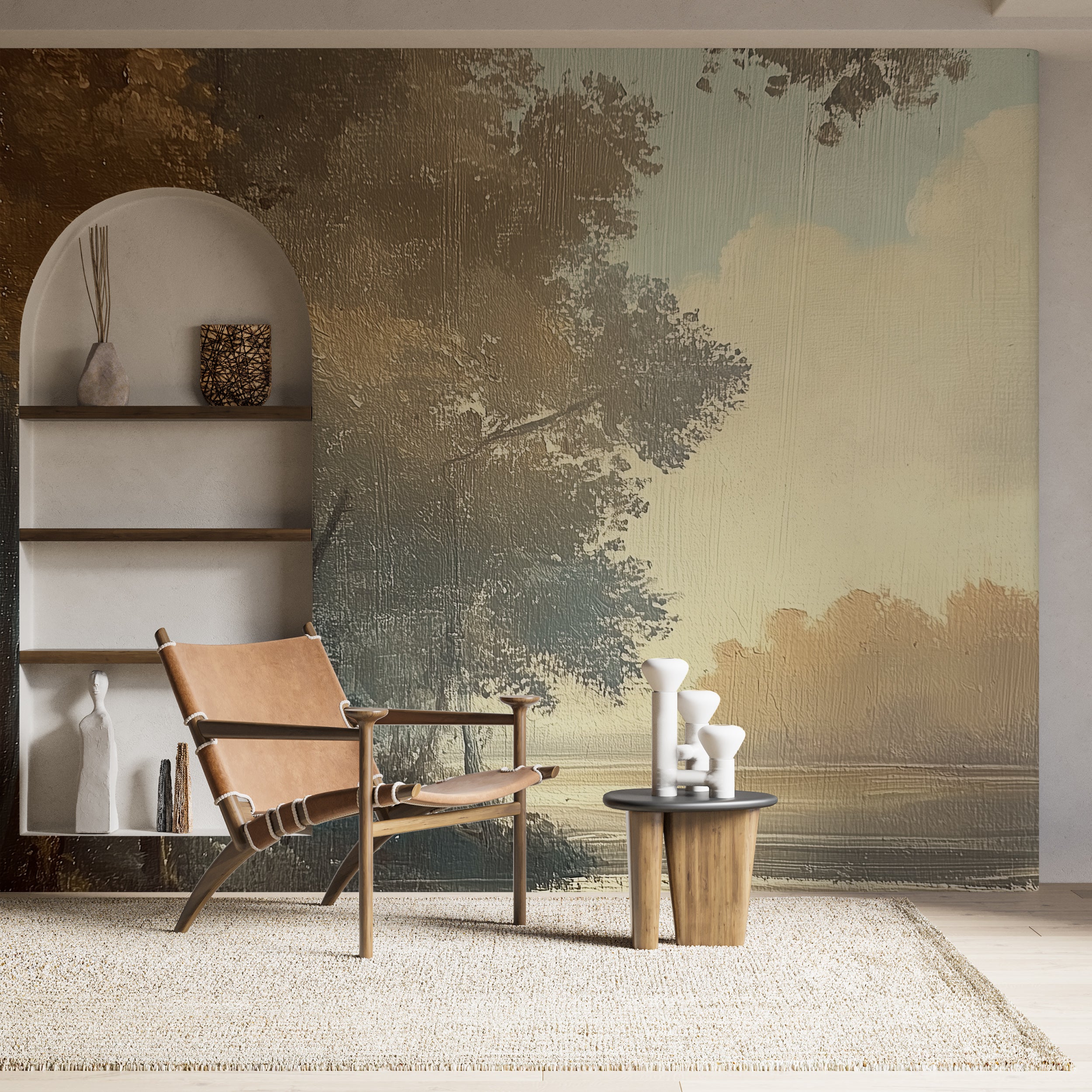 Blue toned birch tree mural
Forest and water calm mural design