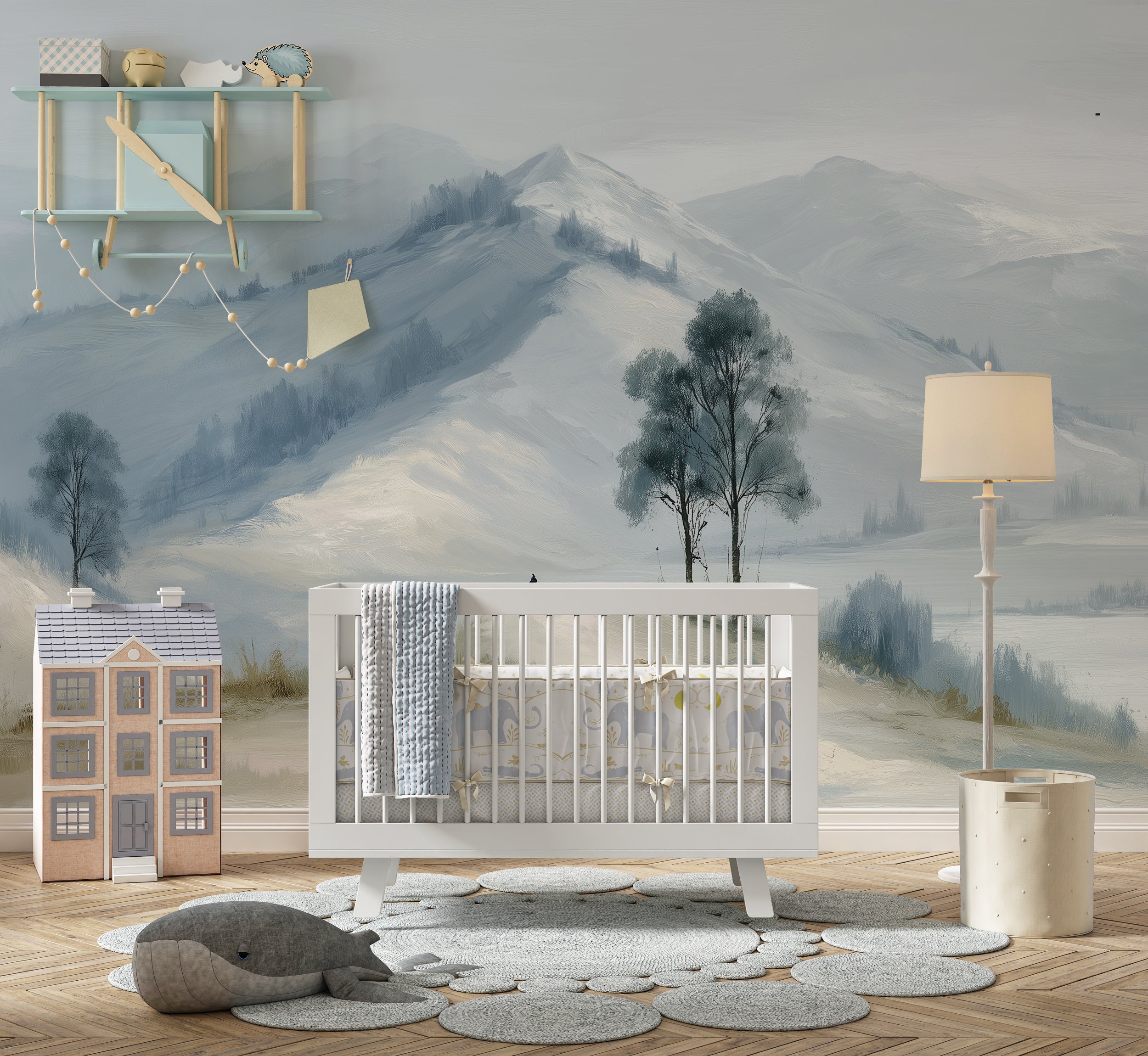 Peaceful watercolor hill mural
Nursery scenic blue mural wallpaper