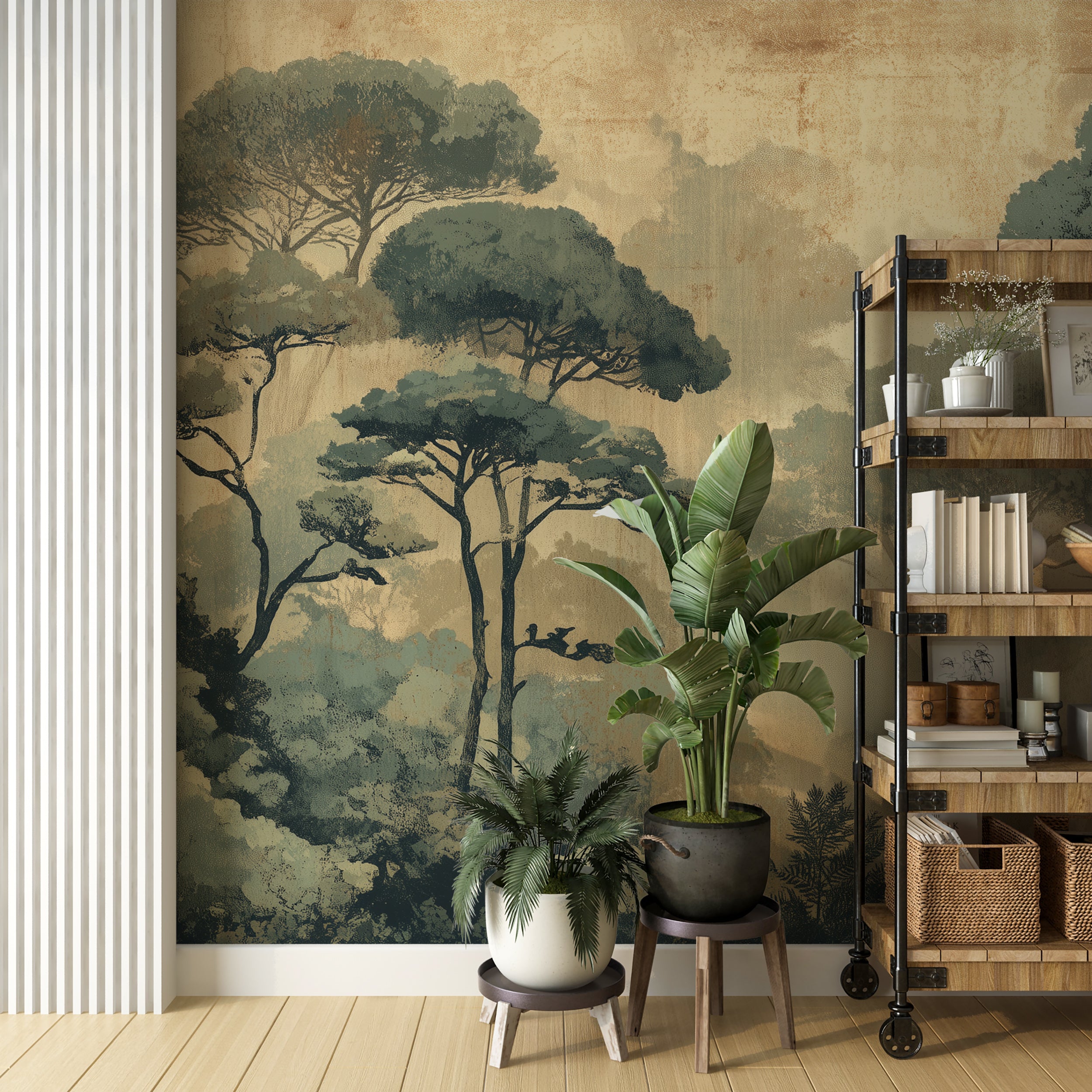 Neutral toned tropical mural design
Rustic forest removable wall covering