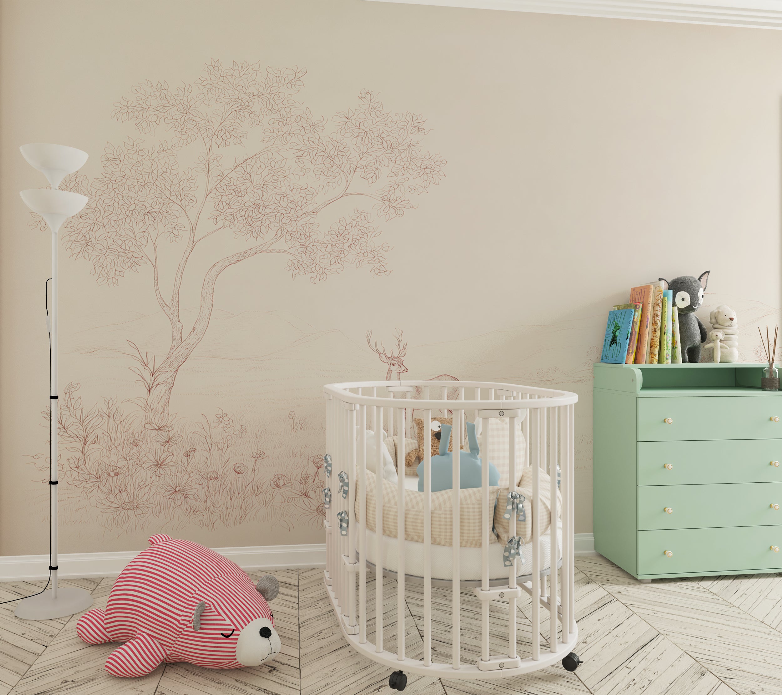 Minimalist Pink Deer and Tree Wall Mural Soft Hand Drawn Scene on Beige Background Peel and Stick Nursery Wallpaper