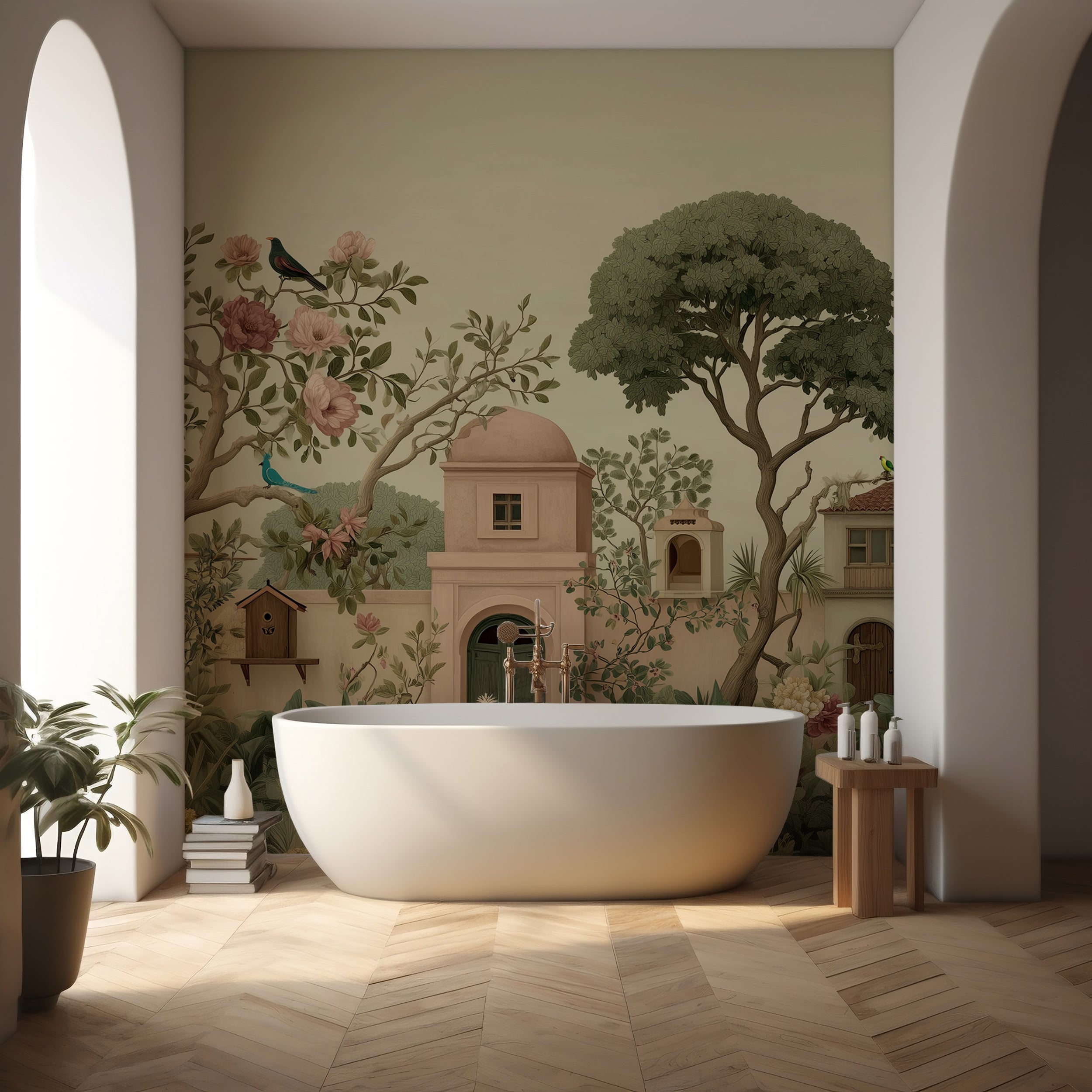 Bathroom with a large white freestanding bathtub against a wall with decorative mural of trees and buildings.European countryside mural with tall mountains
Soft faded castle scene for classic interiors