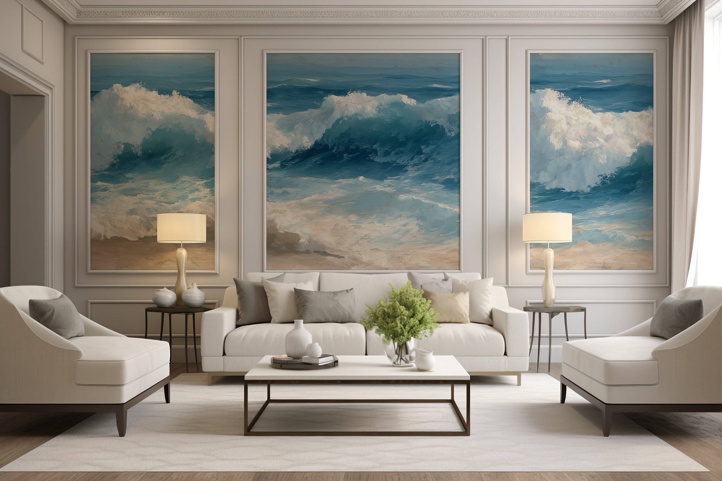 Textured seascape art mural
Ocean shore wallpaper with sandy beach