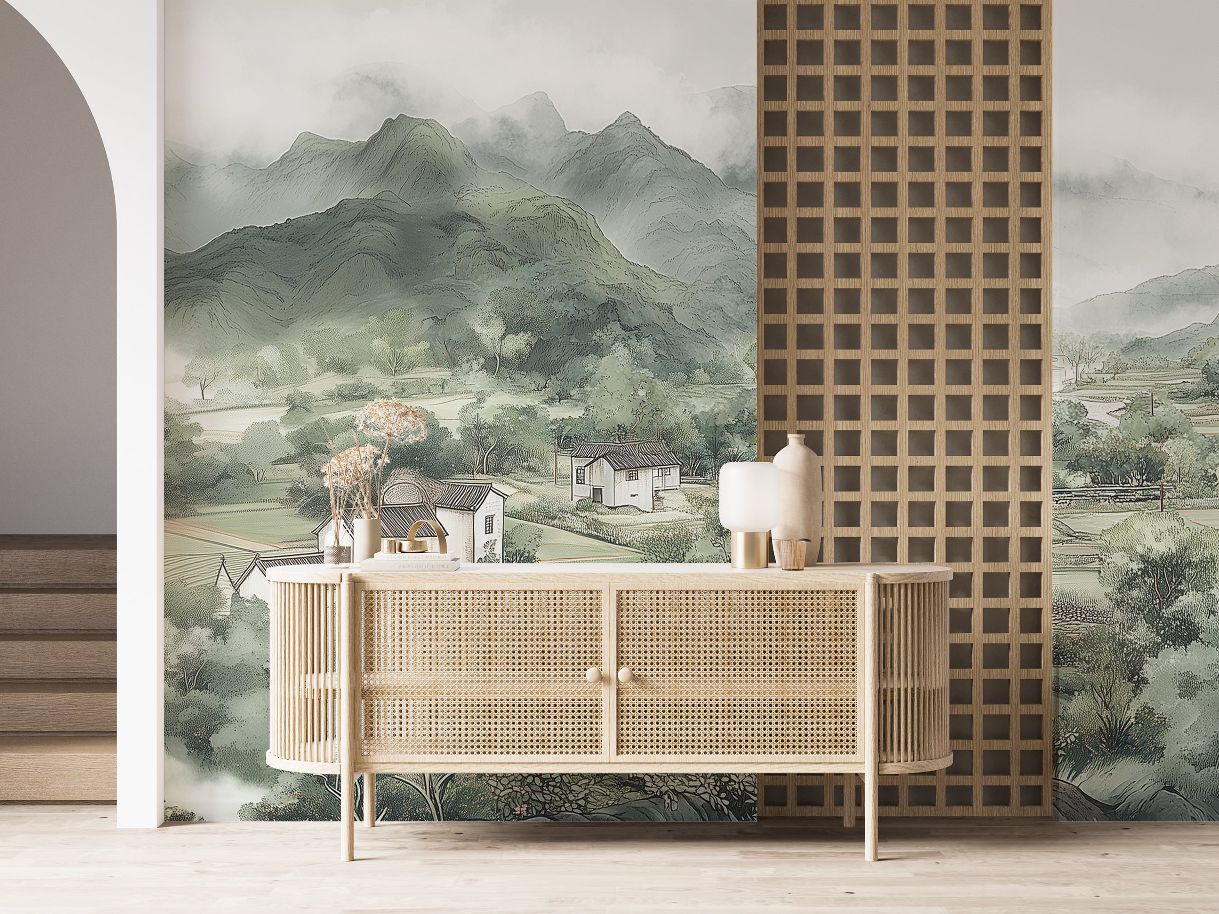 Serene countryside mural for calm spaces
Asian-inspired wall art with architecture