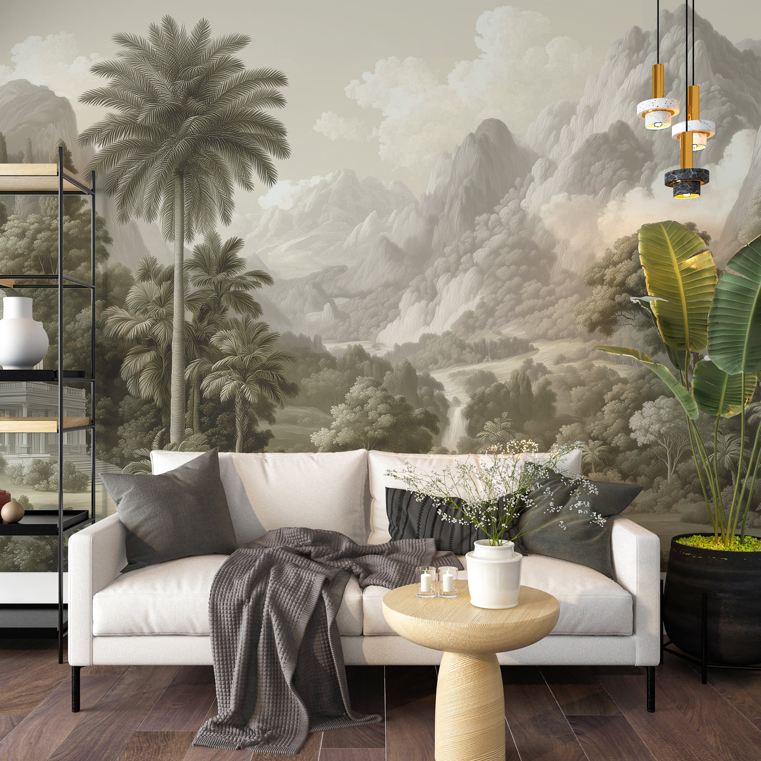 Tropical forest wall mural in sepia
Elegant exotic jungle landscape design