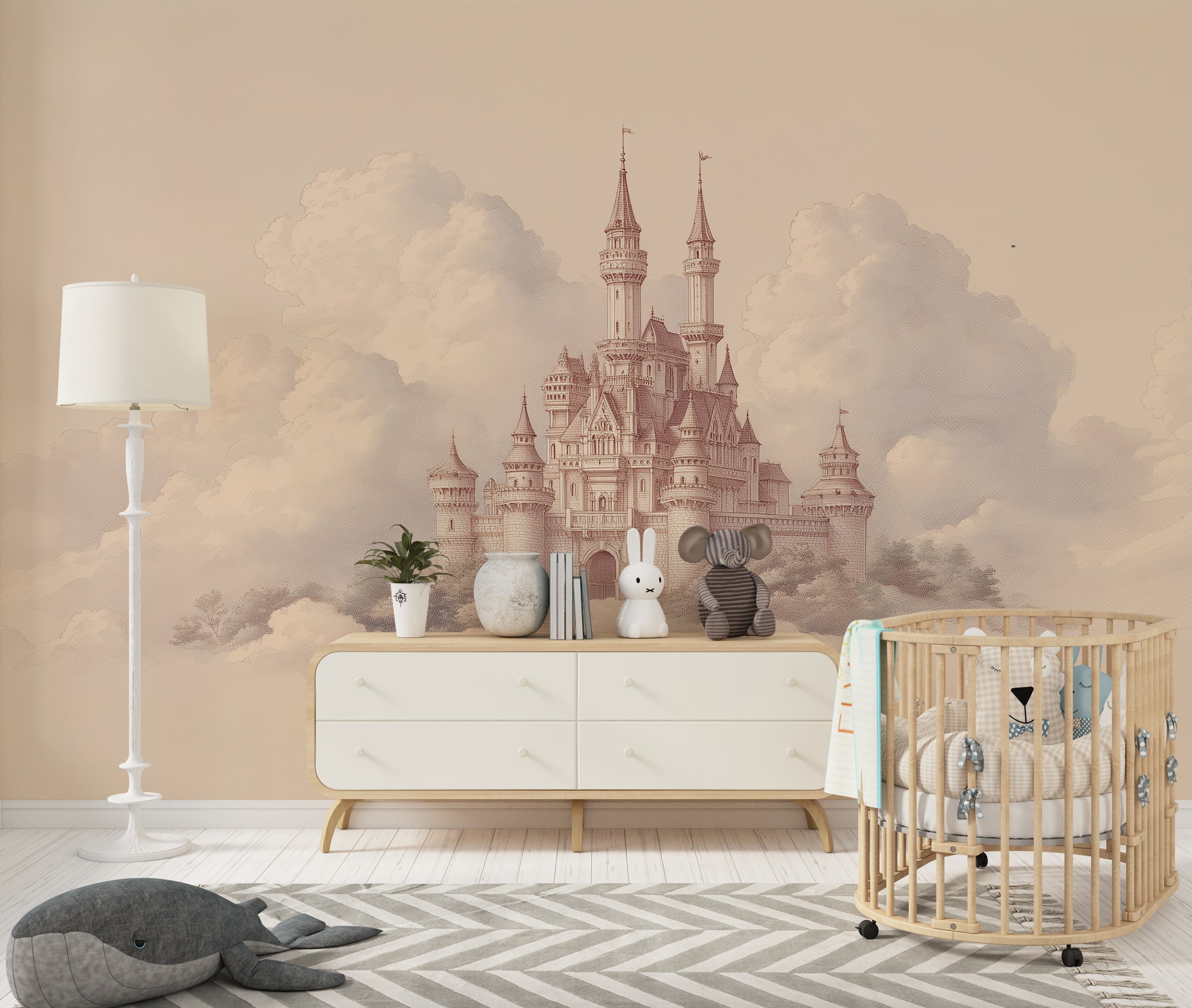 elegant fairytale illustration wallpaper
enchanted palace mural in pastel tones
