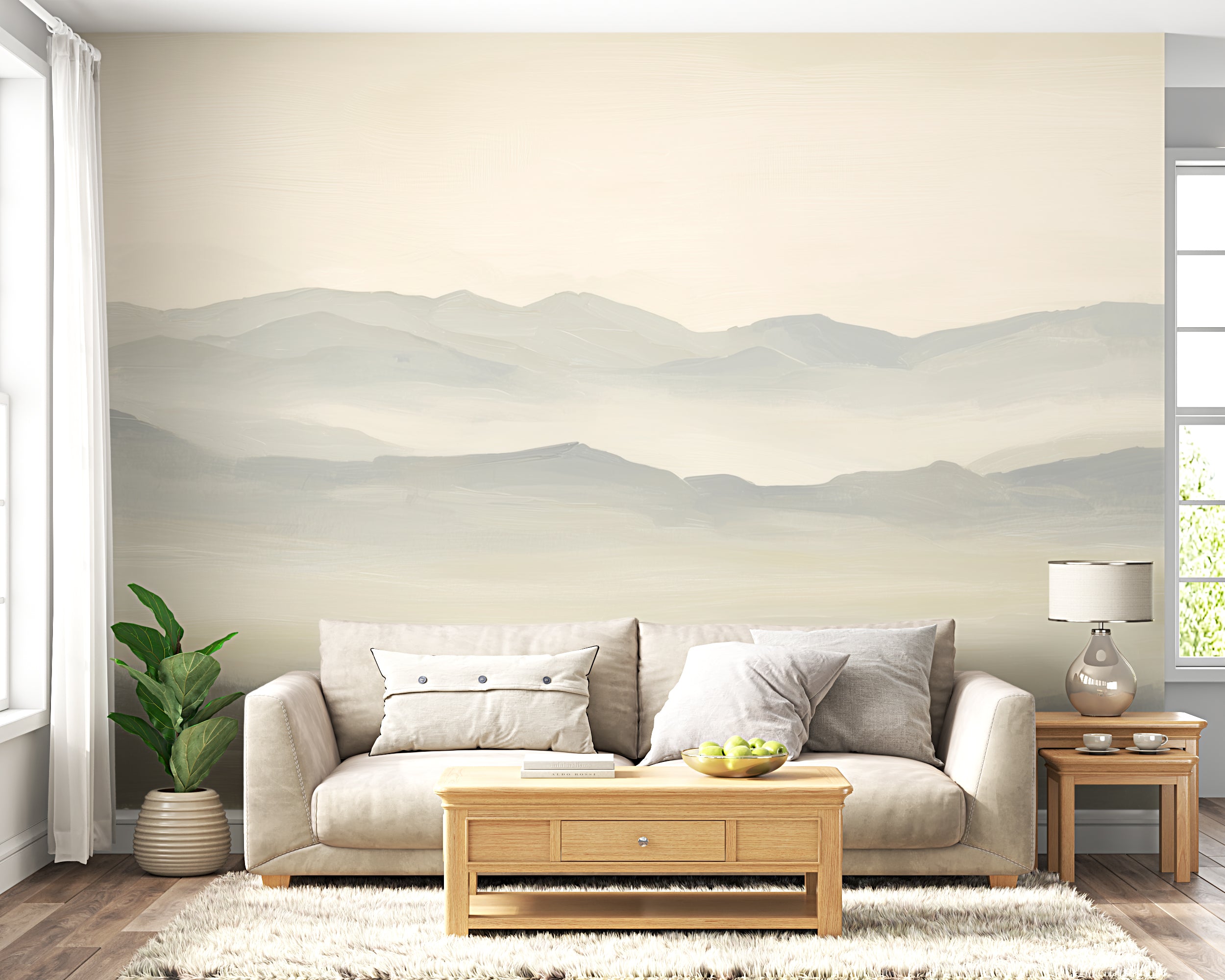 Contemporary neutral mural with gentle hills
Gray beige artistic mountain wallpaper