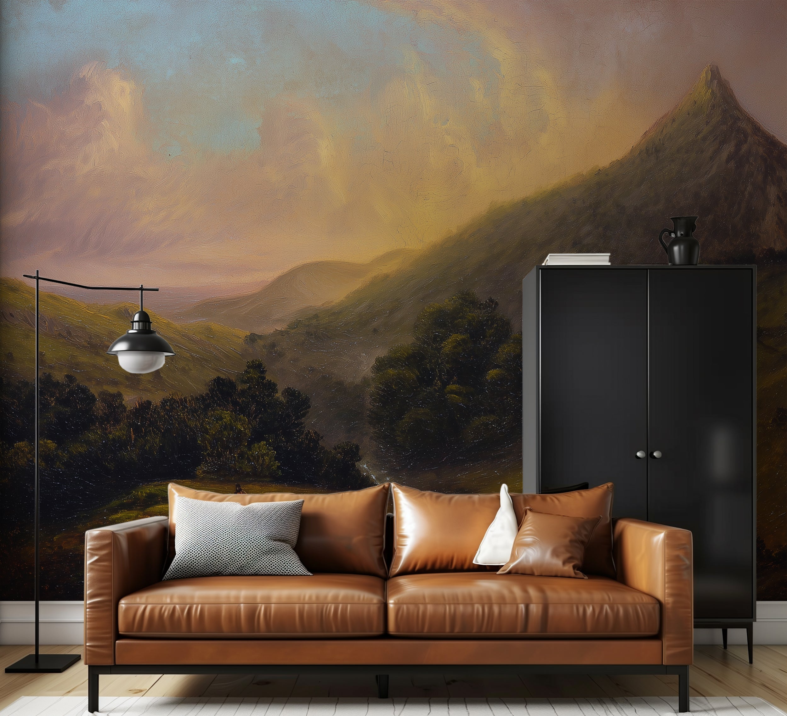Majestic mountain scene with dusk clouds
Sunset over green hills oil painting style mural