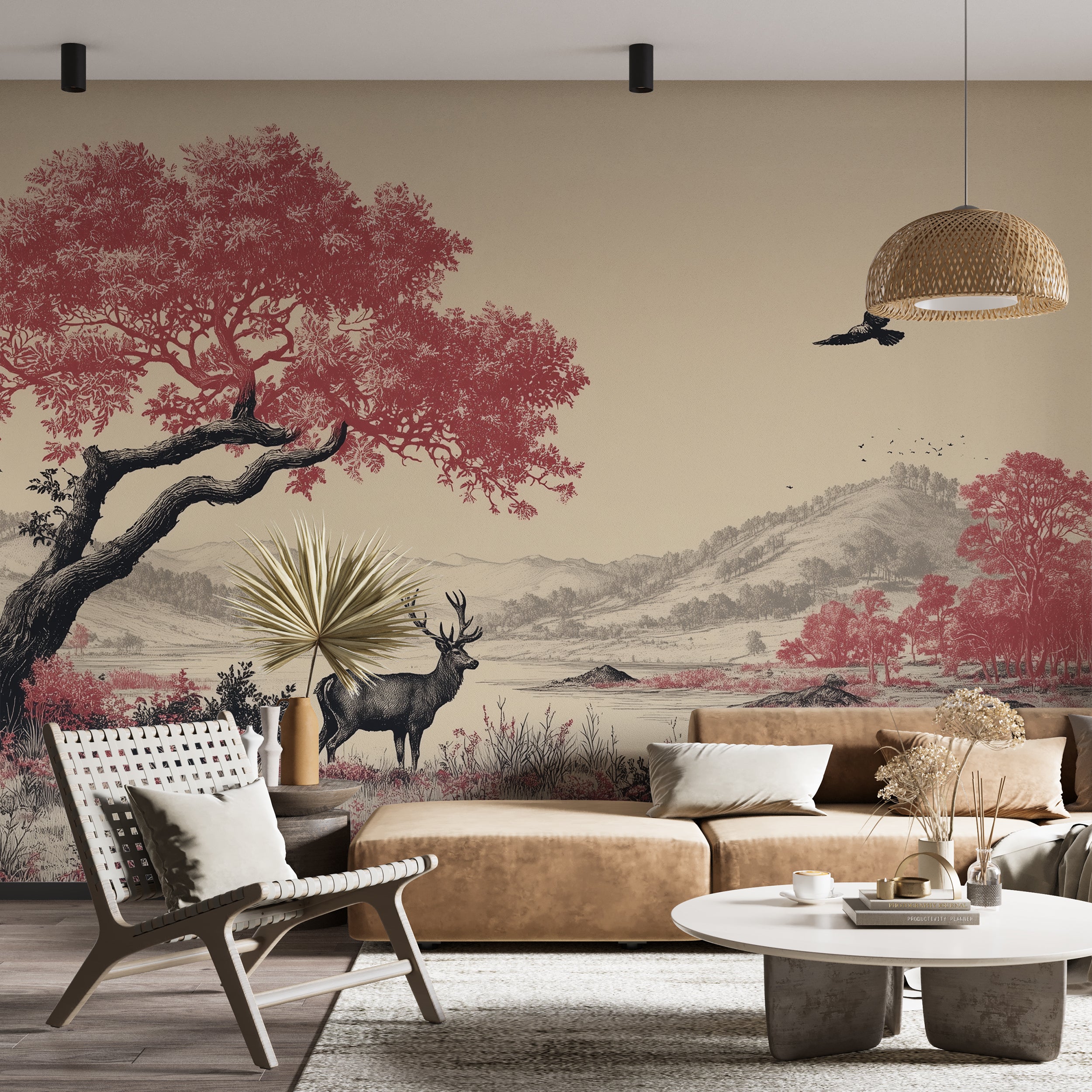 Playful landscape wall art with river and trees
Bright scenic nature wallpaper for kids