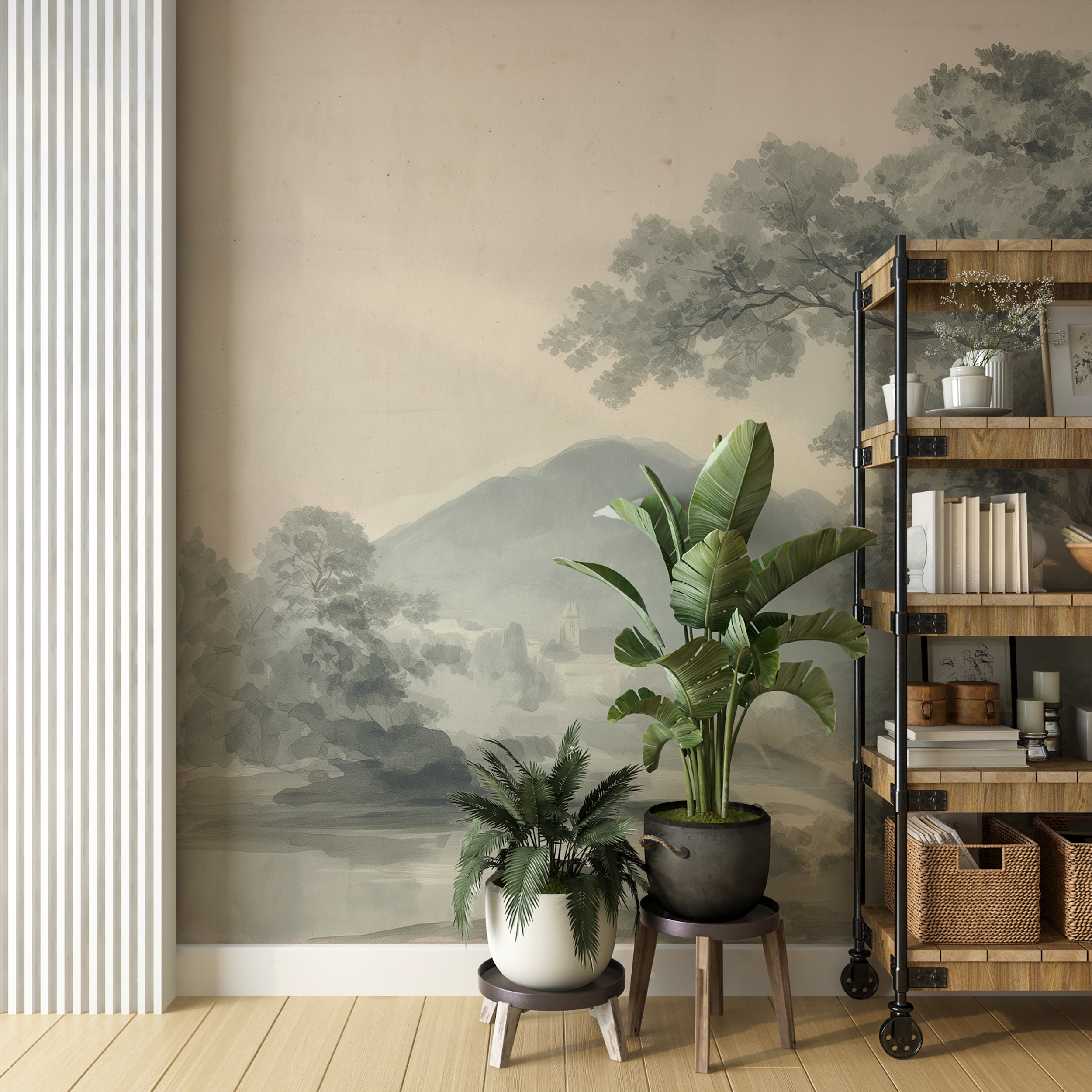 Watercolor tree mural with old house
Hand painted landscape mural in muted tones