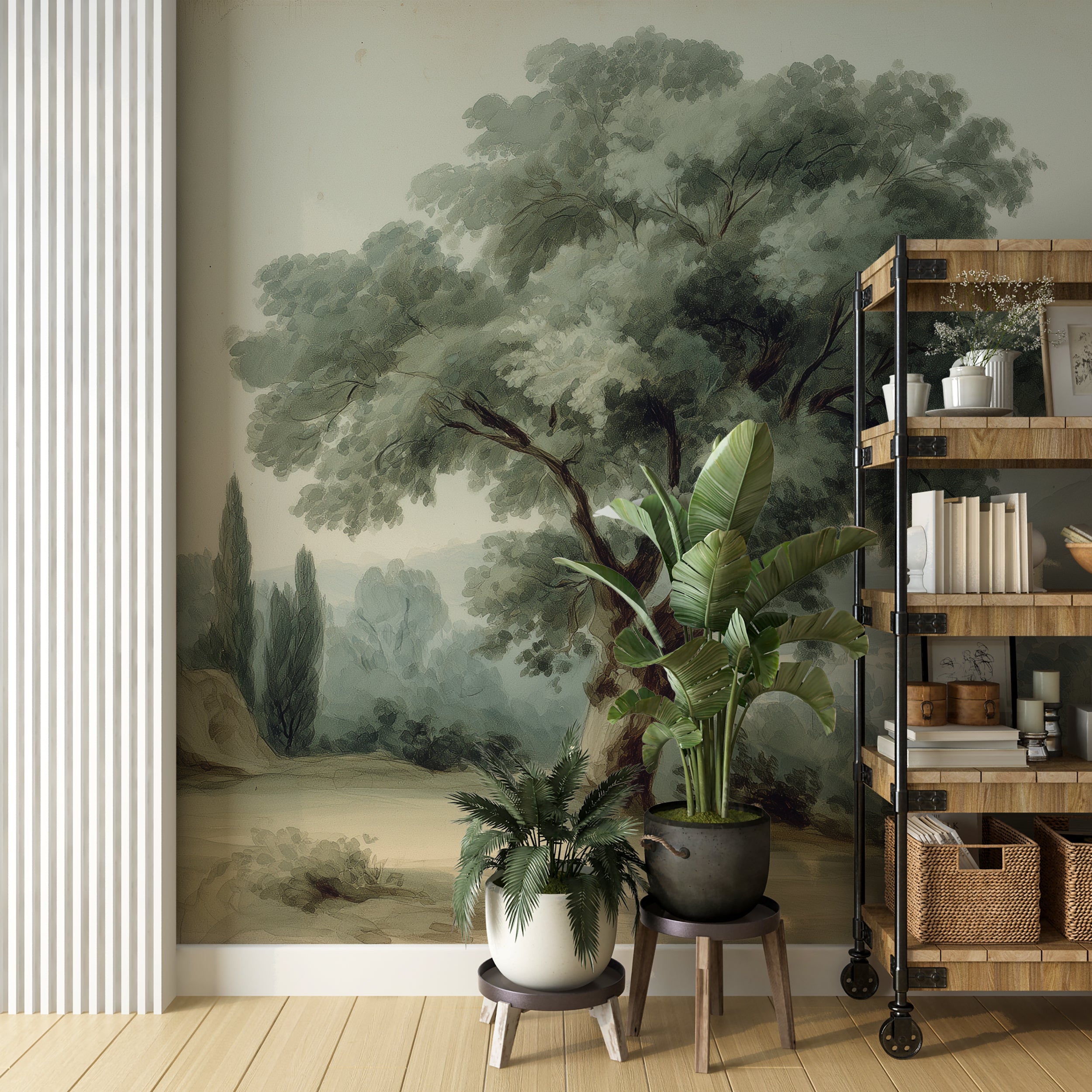 Soft Landscape Tree and Mountain Wall Mural in Watercolor Style Neutral Countryside View Wallpaper