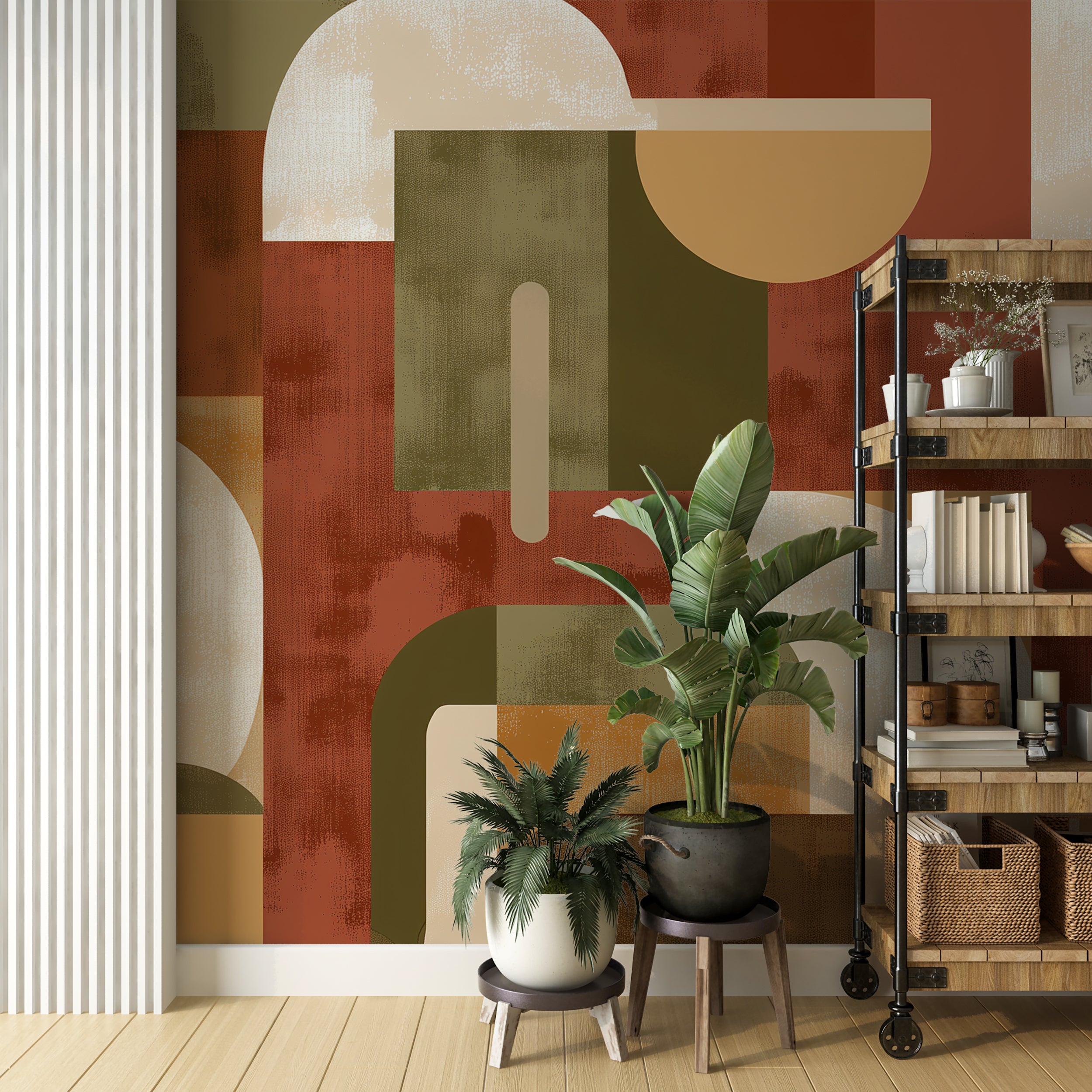Abstract Terracotta Geometric Wallpaper Mid Century Modern Shapes Wall Mural Warm Earth Tone Retro Pattern