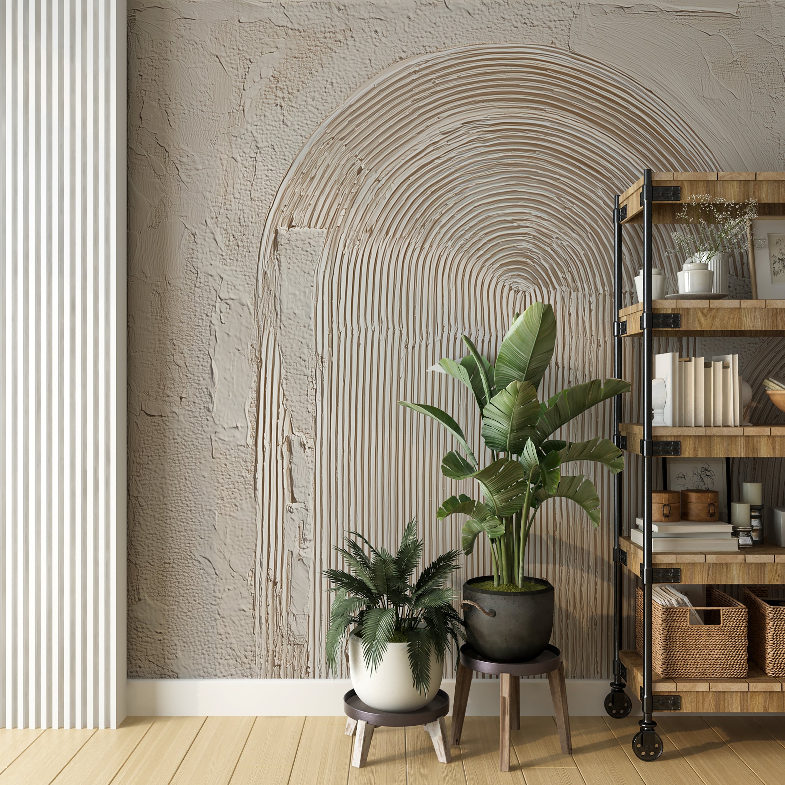 Neutral Textured Abstract Wallpaper Beige Arch Pattern Wall Mural Minimalist Plaster Relief Design Modern Wall Art