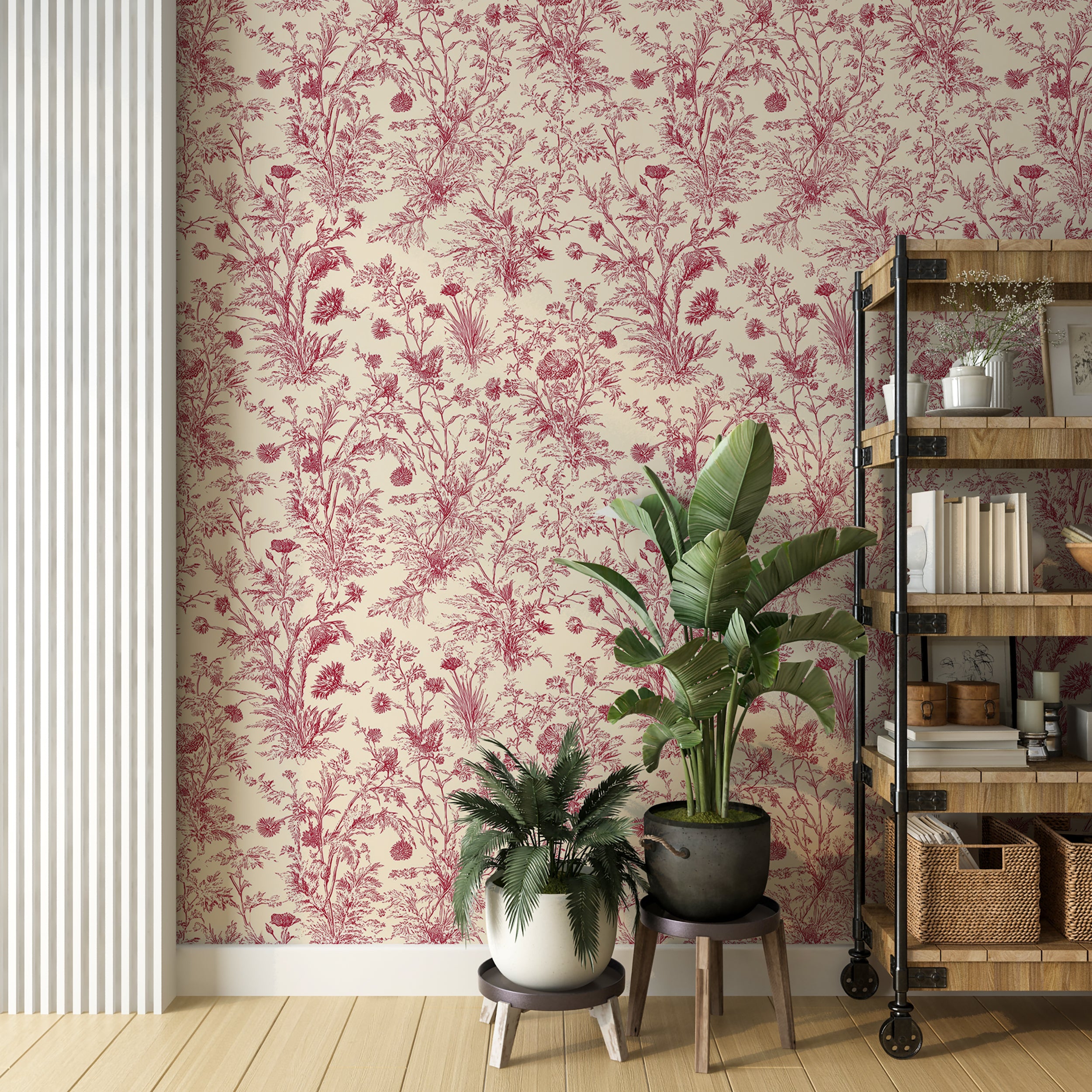 french country wallpaper design
antique red floral toile mural