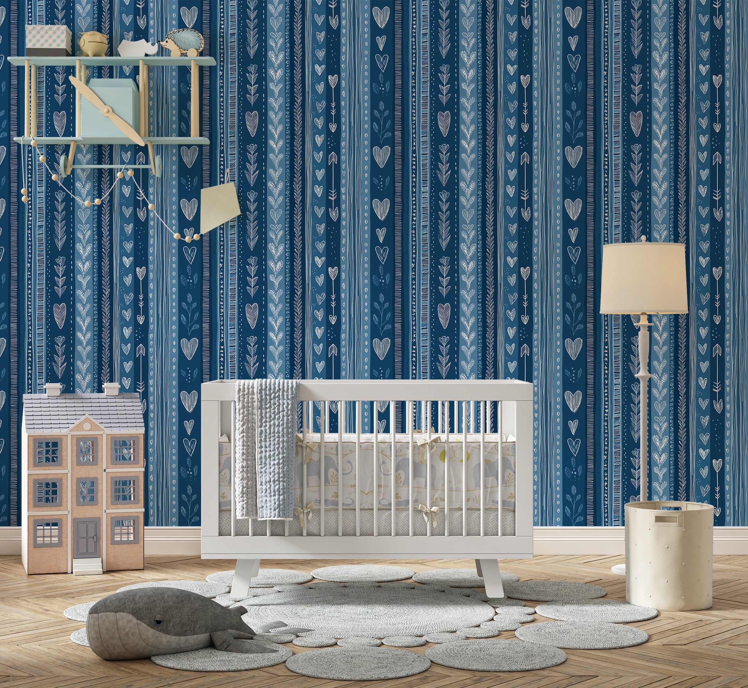 modern nursery wallpaper blue
child friendly heart pattern wall art