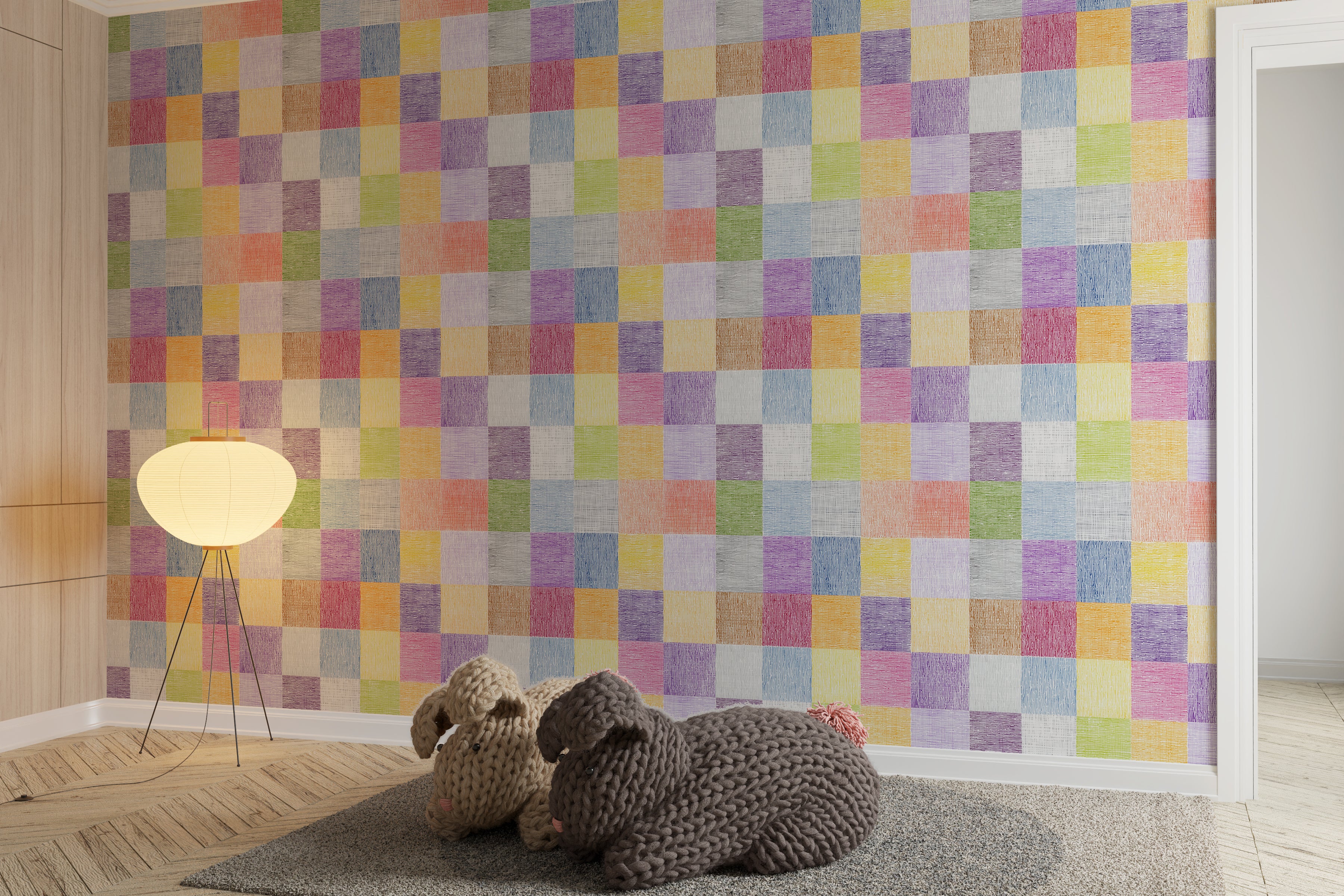 Colorful Crayon Patchwork Wallpaper Playful Square Pattern for Kids Walls