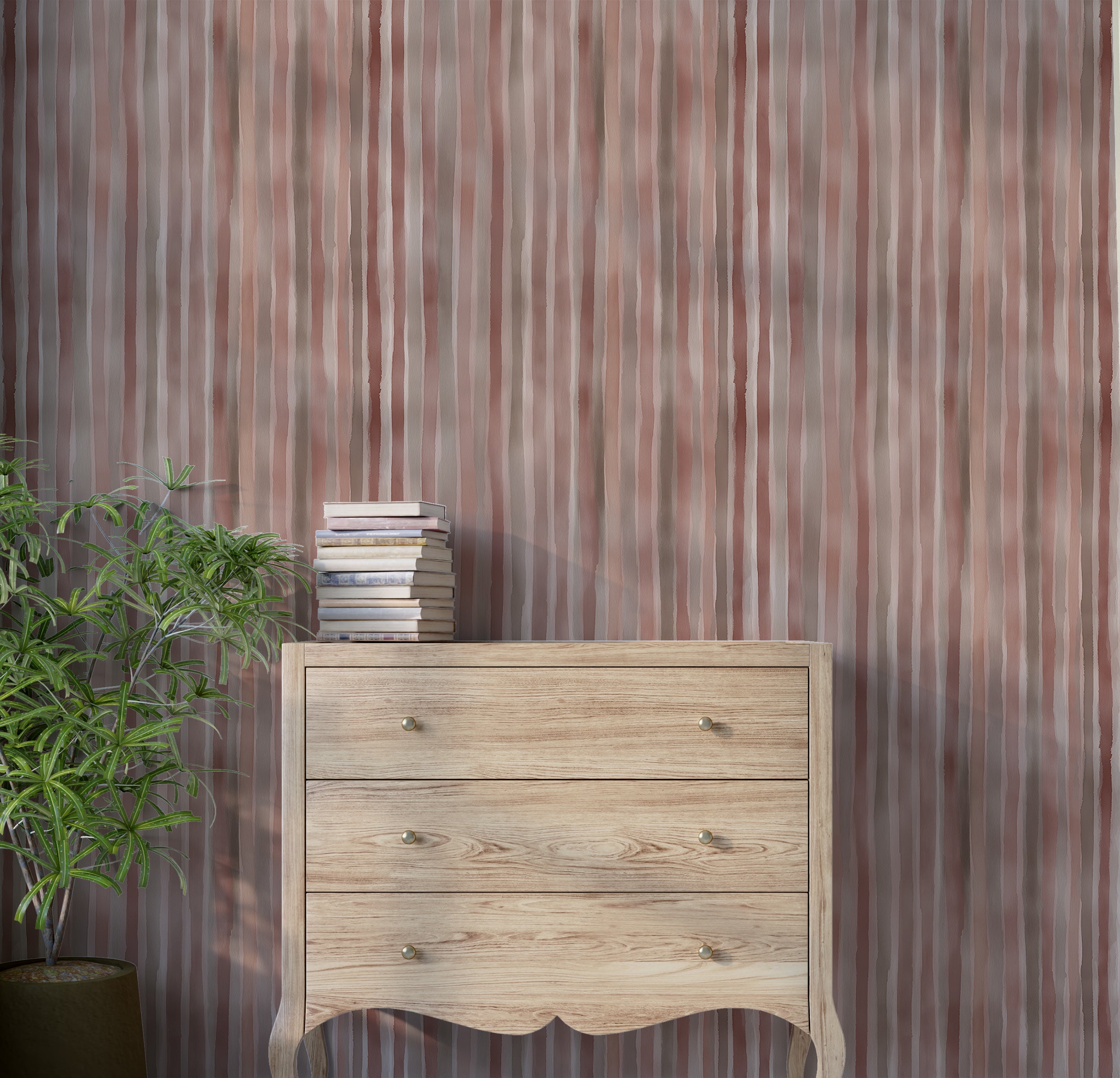 Brown and Red Striped Watercolor Wallpaper Muted Vine Color Vertical Stripes Wall Decor