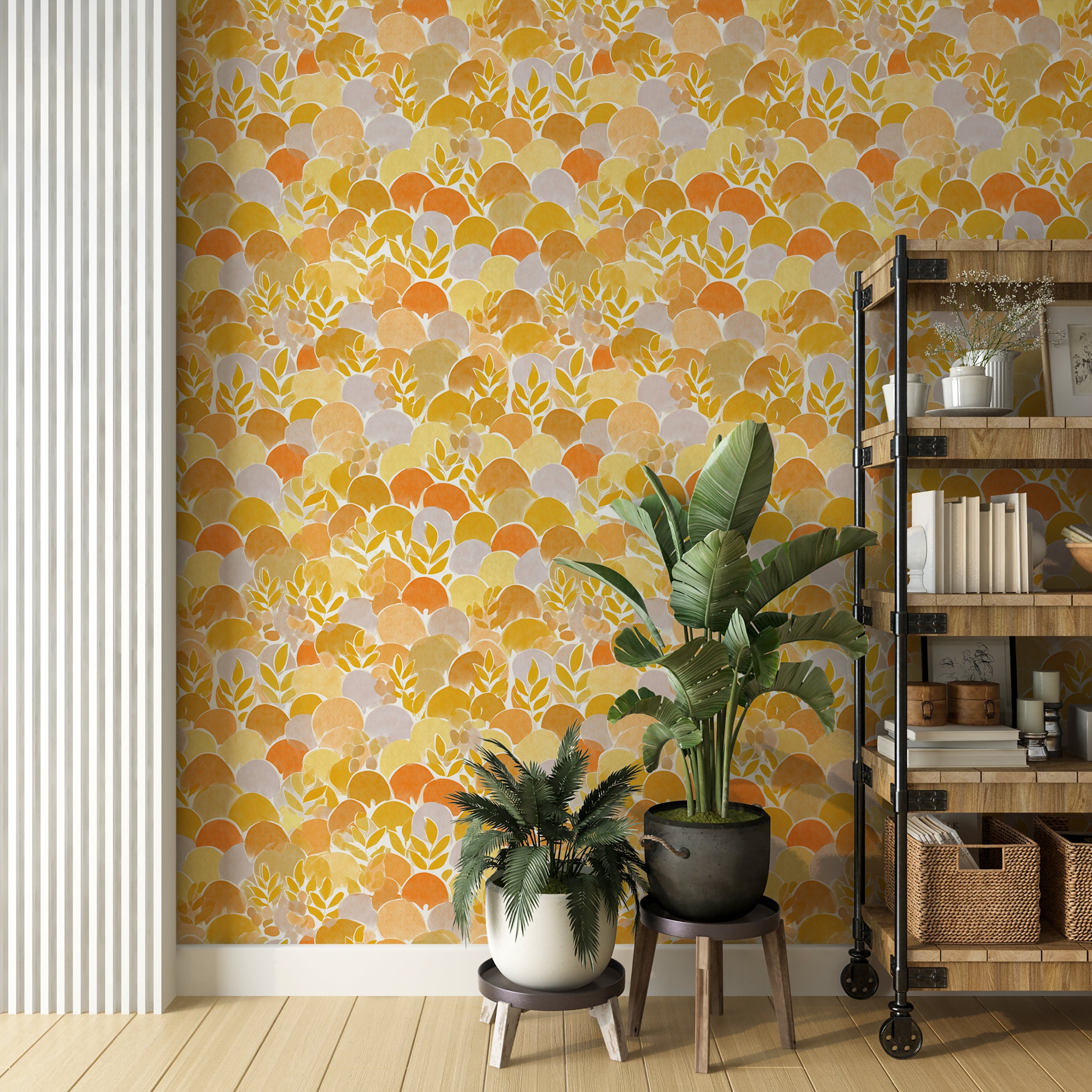 fall theme watercolor art wallpaper
modern botanical wall covering orange tones