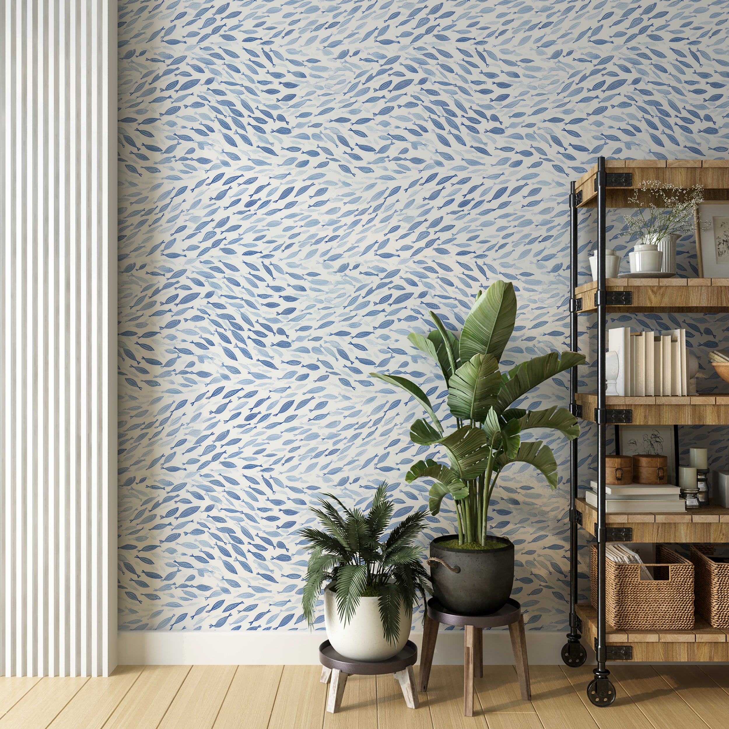 Repeating fish motif hand drawn
Light blue and navy fish pattern