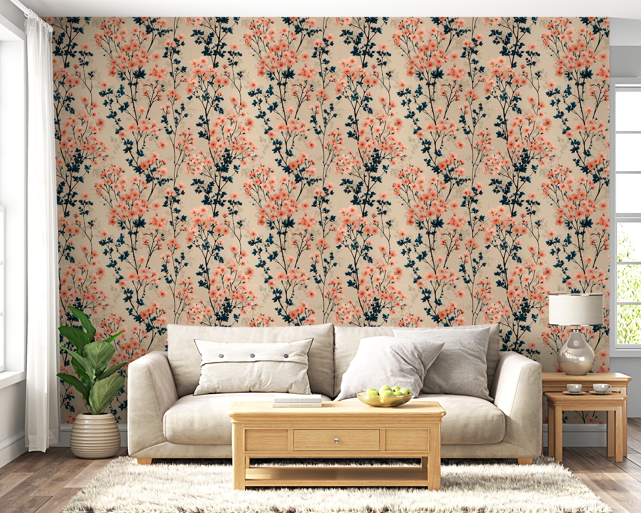 Peach Blossom Floral Pattern Wallpaper with Teal Leaves and Beige Background Delicate Botanical Vintage Style