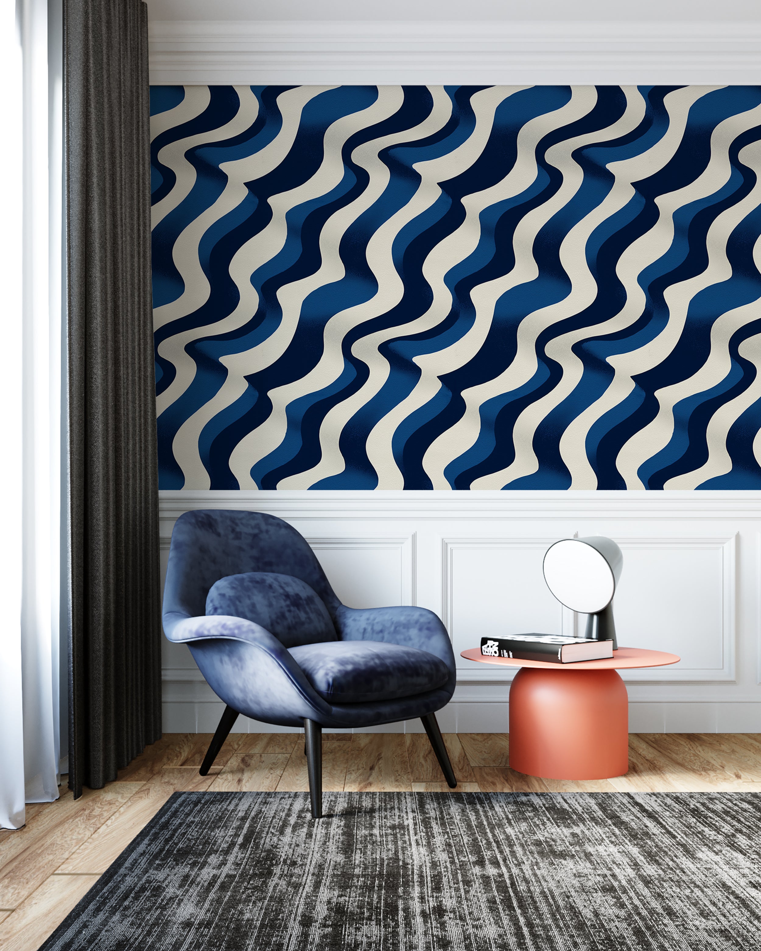 Organic stripe wallpaper in bold navy tones
Artistic wavy lines wallpaper print