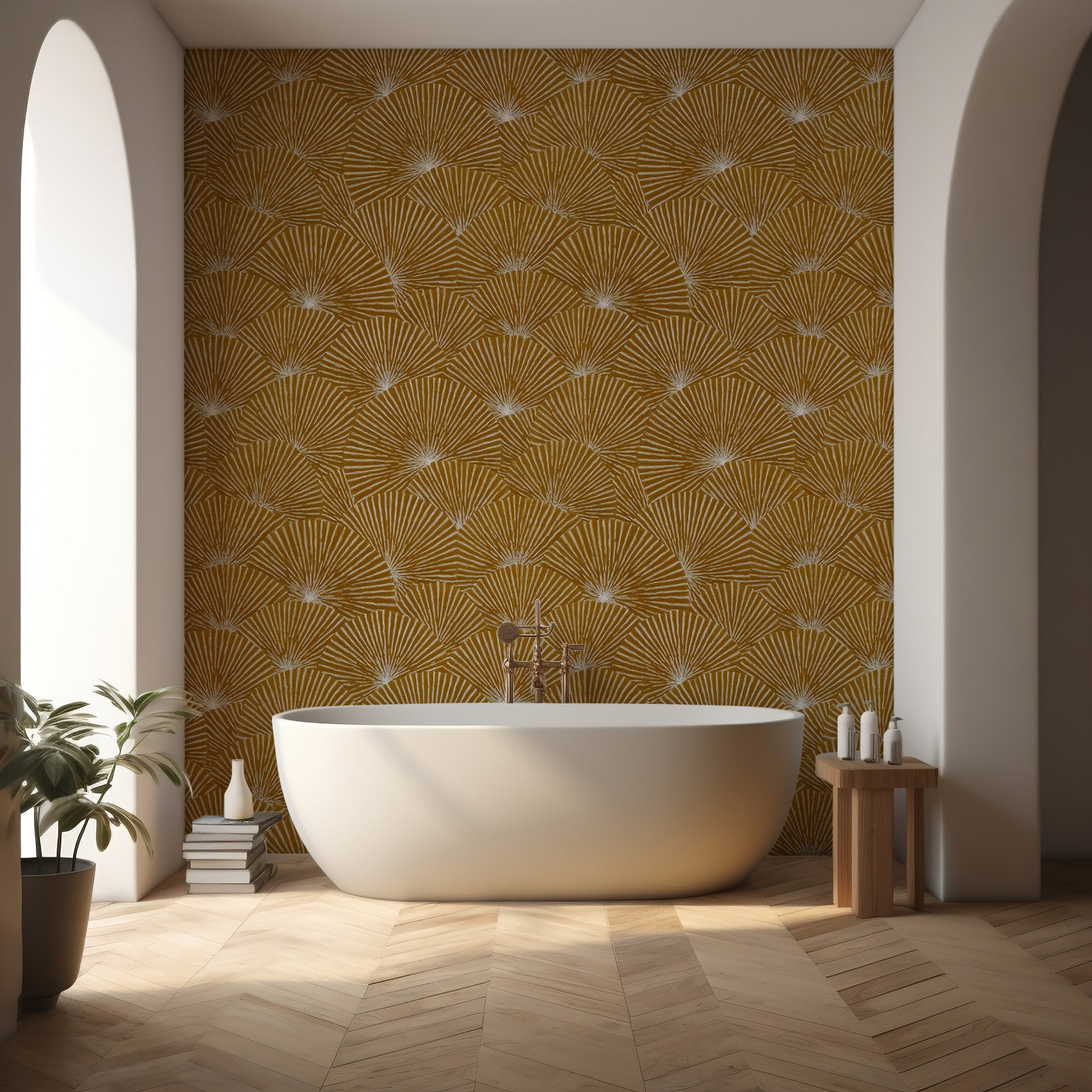 Elegant fan shape wallpaper with gold tones
Line art wallpaper with radiant gold fans
