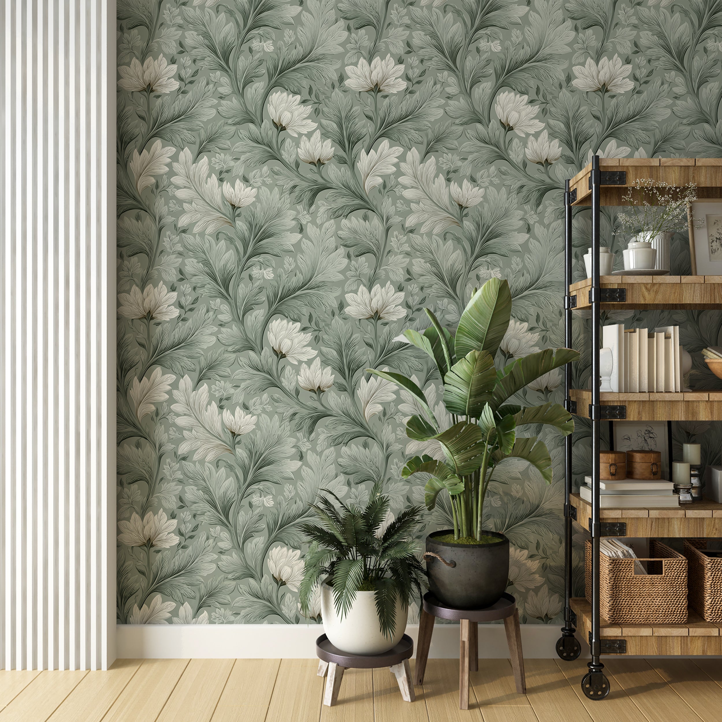 Subtle green and ivory flower wallpaper
Wallpaper with classic plant and bloom illustrations