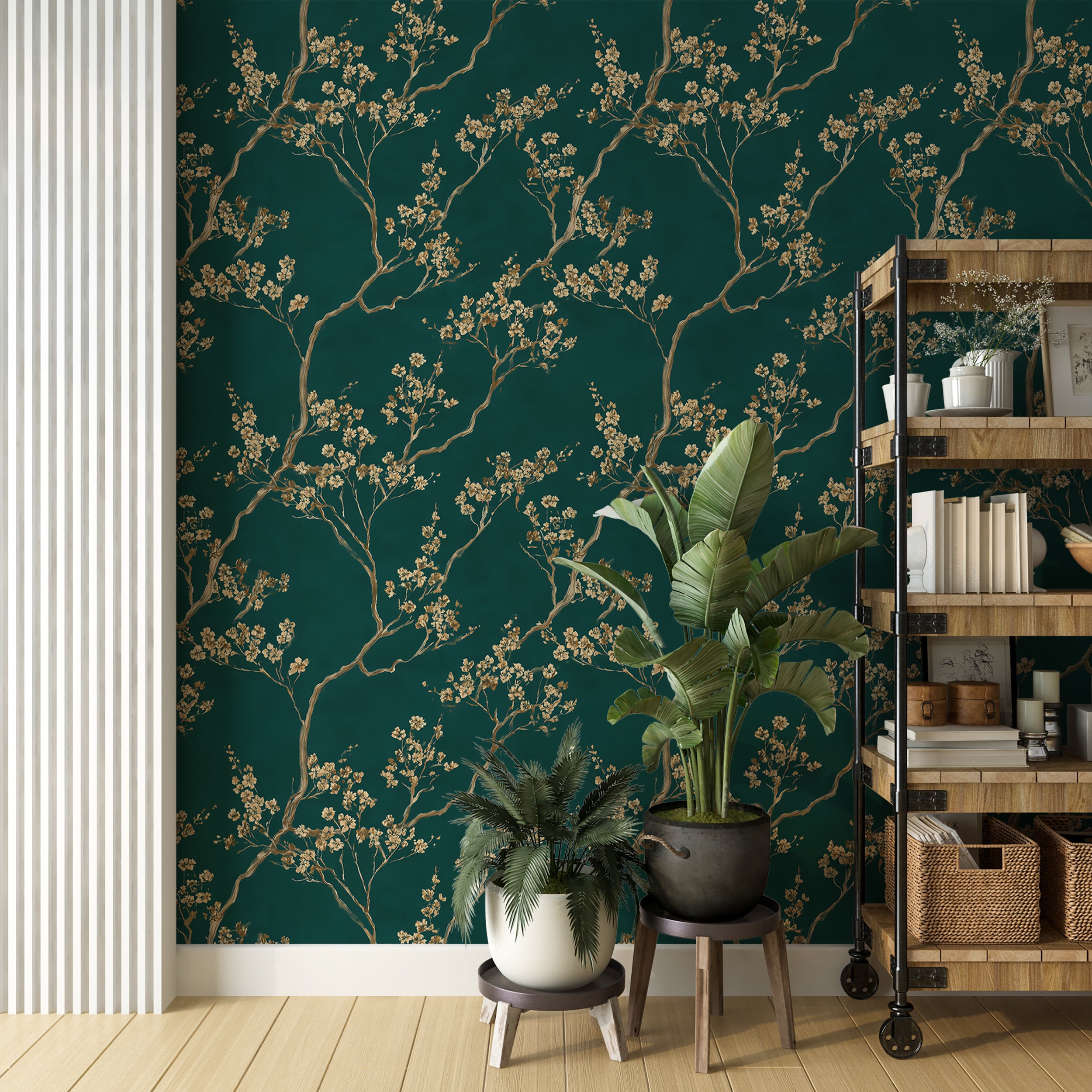 Teal Floral Wallpaper With Golden Blossom Branches Traditional Japanese Chinoiserie Wallpaper
