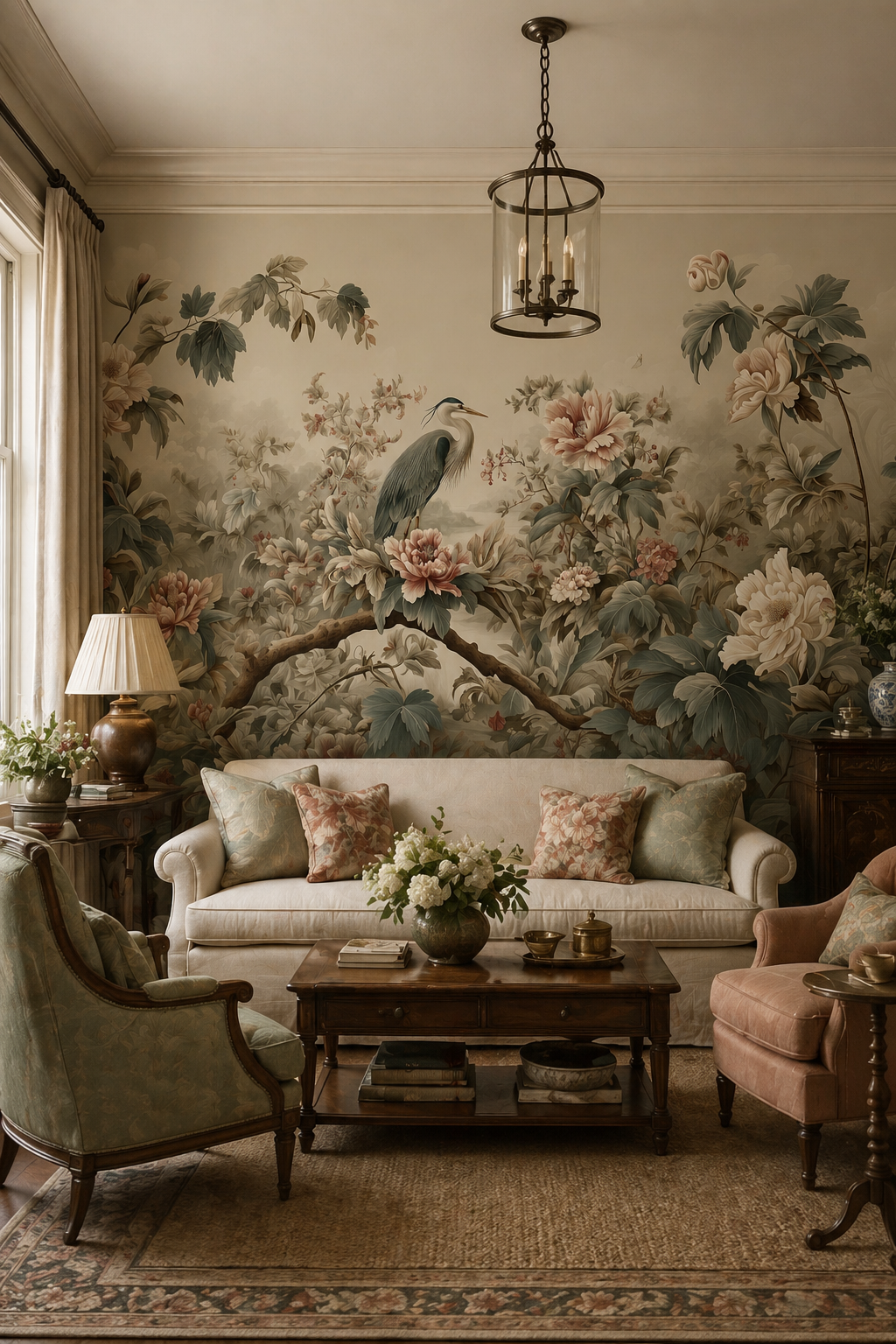 Chinoiserie Wallpaper Mural With Crane Bird And Peony Flowers Elegant Oriental Botanical Wall Art Neutral Vintage Style